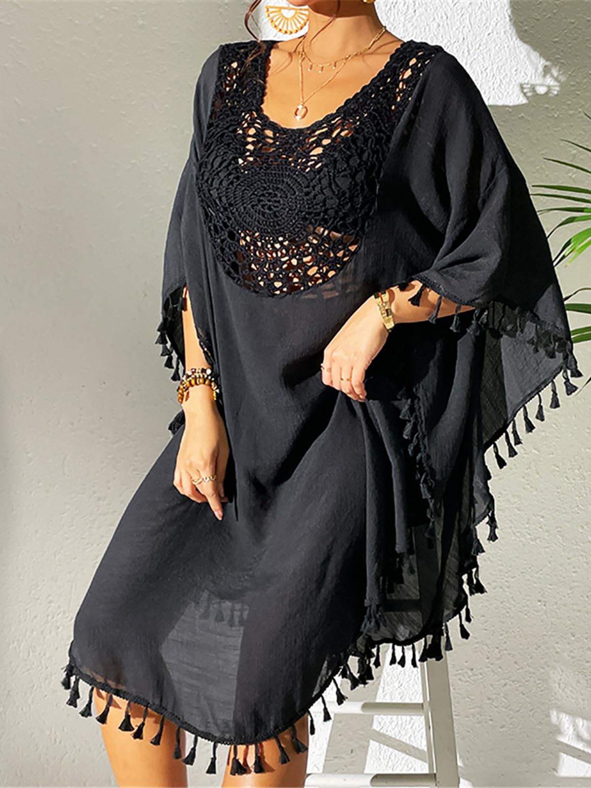 Strandkleid Fringe Tassel Embroidery Half Sleeve Tunic Beach Cover Up Cover-ups Long Beach Dress Beach Wear Beachwear Female Women Strandkleider(Orange)