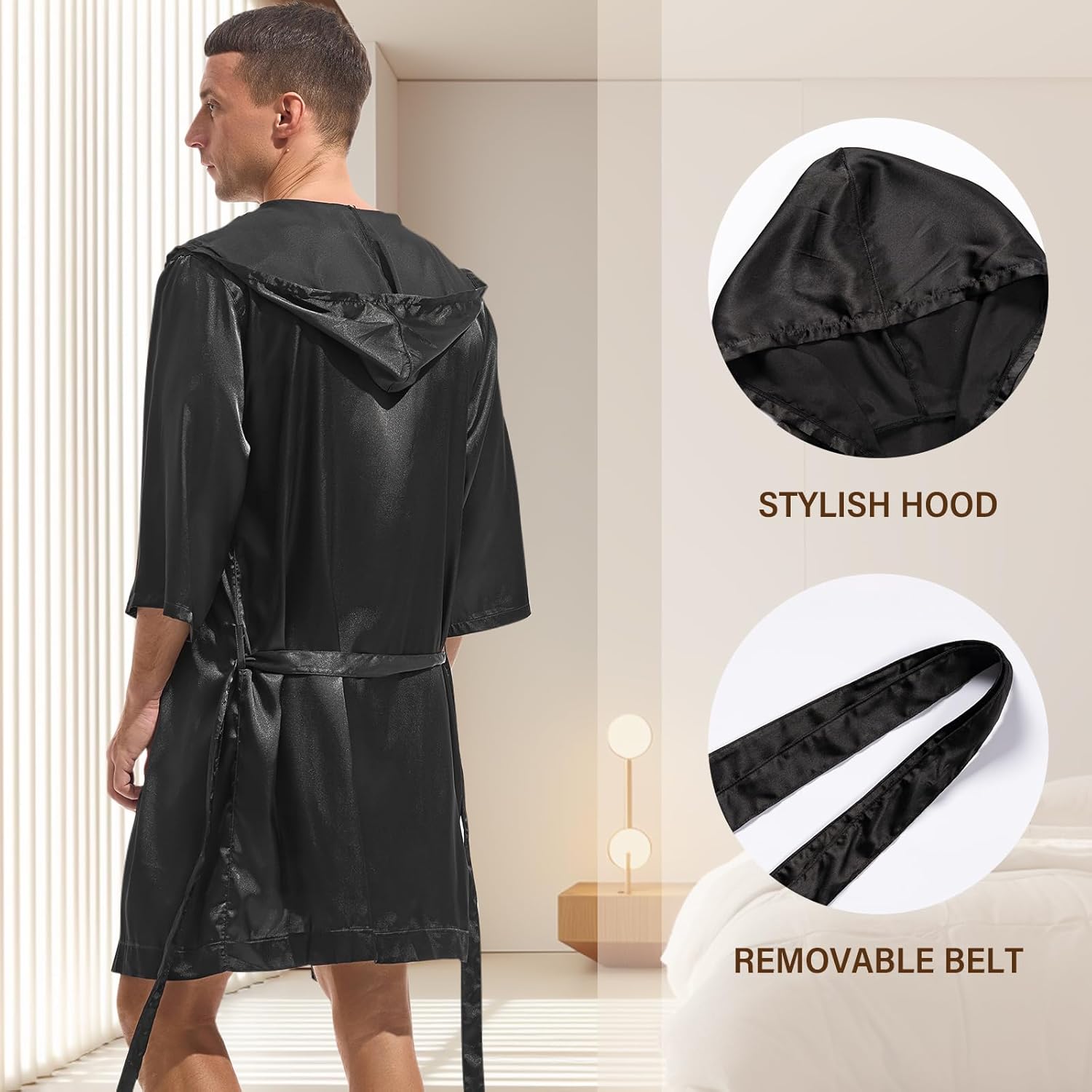 AMY COULEE Mens Silk Robe with Shorts 2 Pcs Satin Boxers Hooded Bathrobe Sexy Pajama Set Half sleeve Sleepwear - Image 3