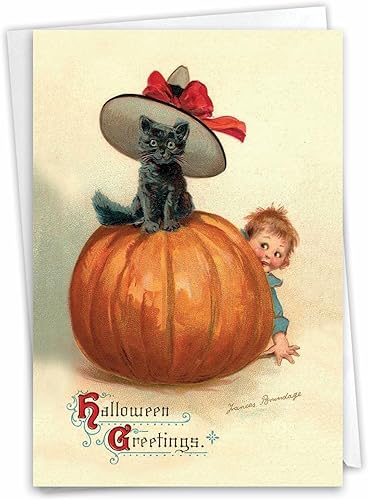 NobleWorks Tarjeta de felicitación de Halloween con sobre de 5 x 7 pulgadas (1 tarjeta) calabaza vintage para niños, gato C10187BHWG