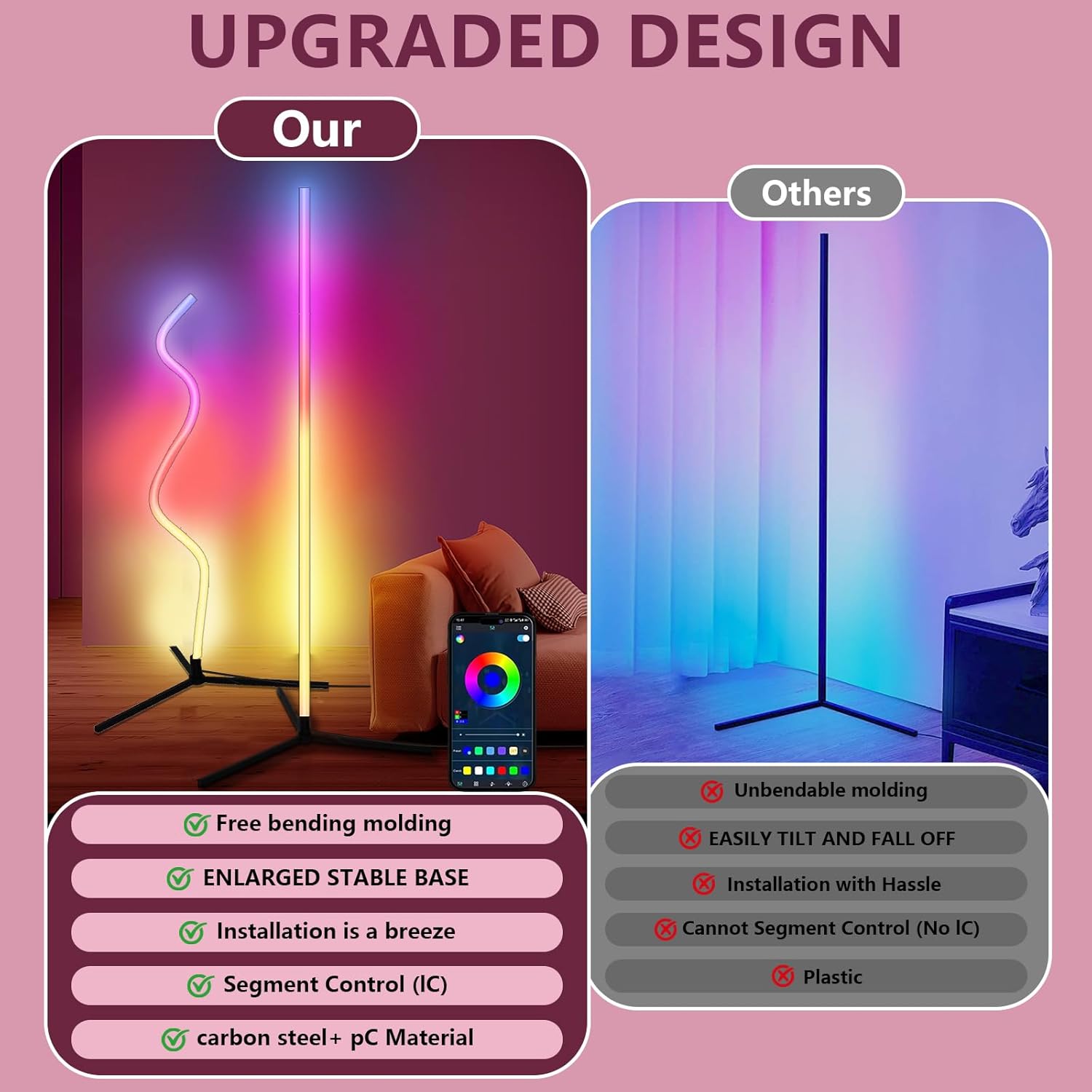 Swingers Solar Lights Outdoor,Solar Torch Lights with Flickering Flame and Smart RGB LED Corner Floor Lamp，Adjustable Shape Led Floor Lamp with Music Sync and 16 Million DIY Colors