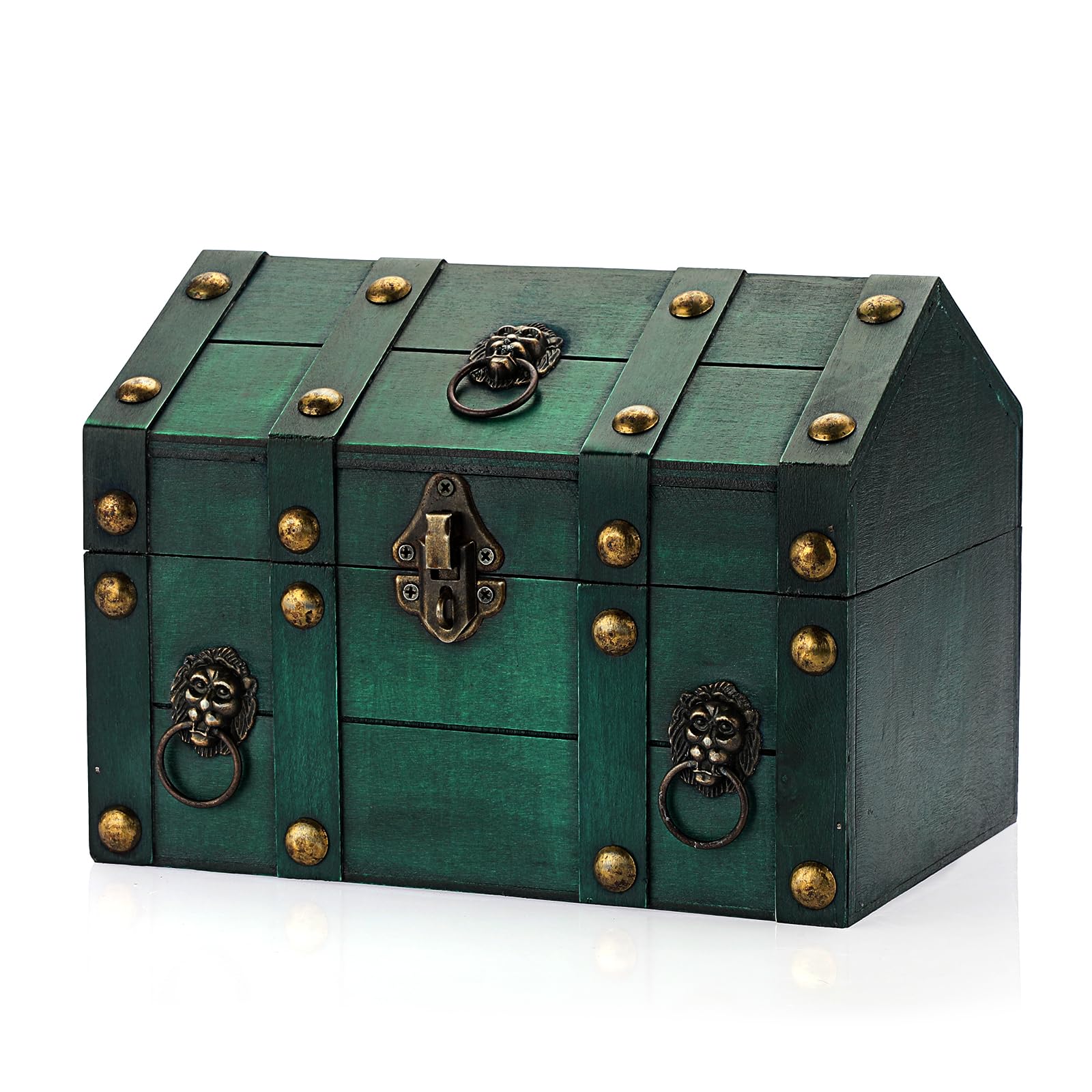 ELLDOO Vintage Wooden Treasure Chest, Pirate Treasure Storage Keepsakes Box for Kids Gifts Pirate Theme Party, Decorative Box for Jewelry Pearl Trinkets, Vintage Green