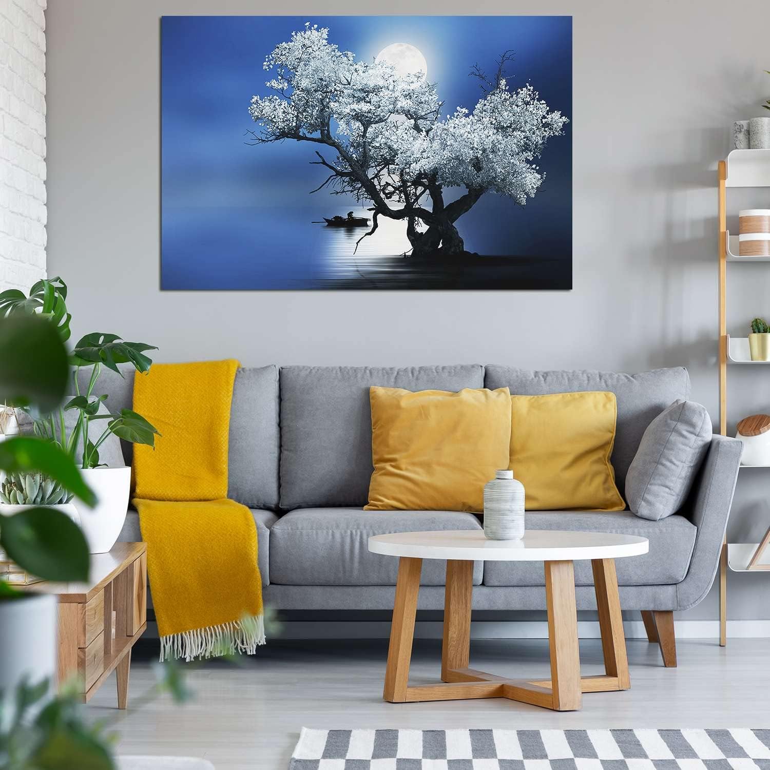 Startonight Canvas Wall Art Decor Flower Tree and Moon Blue Painting for Living Room 32" x 48"