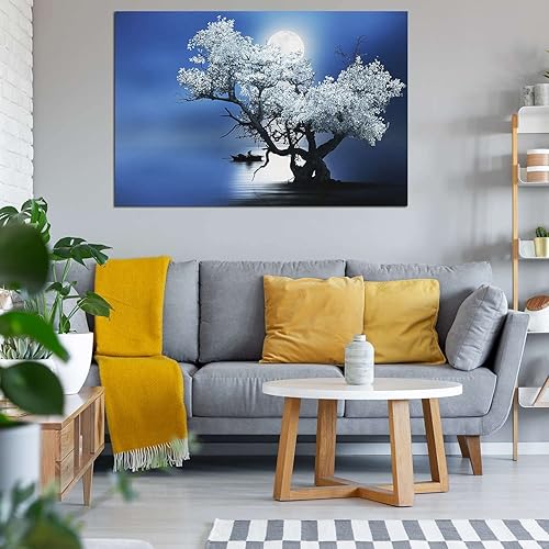 Miniatura 5 de Startonight Lienzo decorativo para pared, árbol de flores y luna, pintura azul para sala de estar, 32 x 48 pulgadas