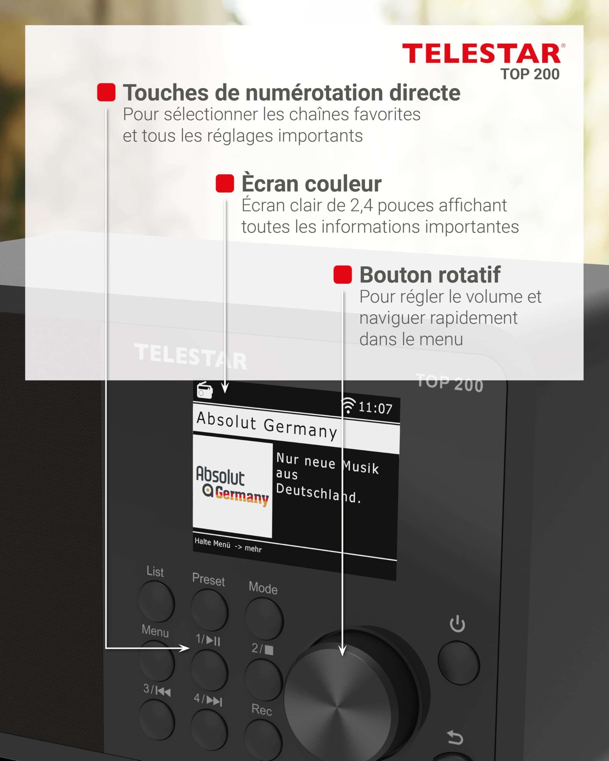 TELESTAR Top 200 – Radio Dab Plus -Internet (Mono, 10 W, Bluetooth Audio-Streaming & Fonction émetteur, Enregistrement USB, système d’Alerte d’Urgence, contrôle Via Application) – Noir