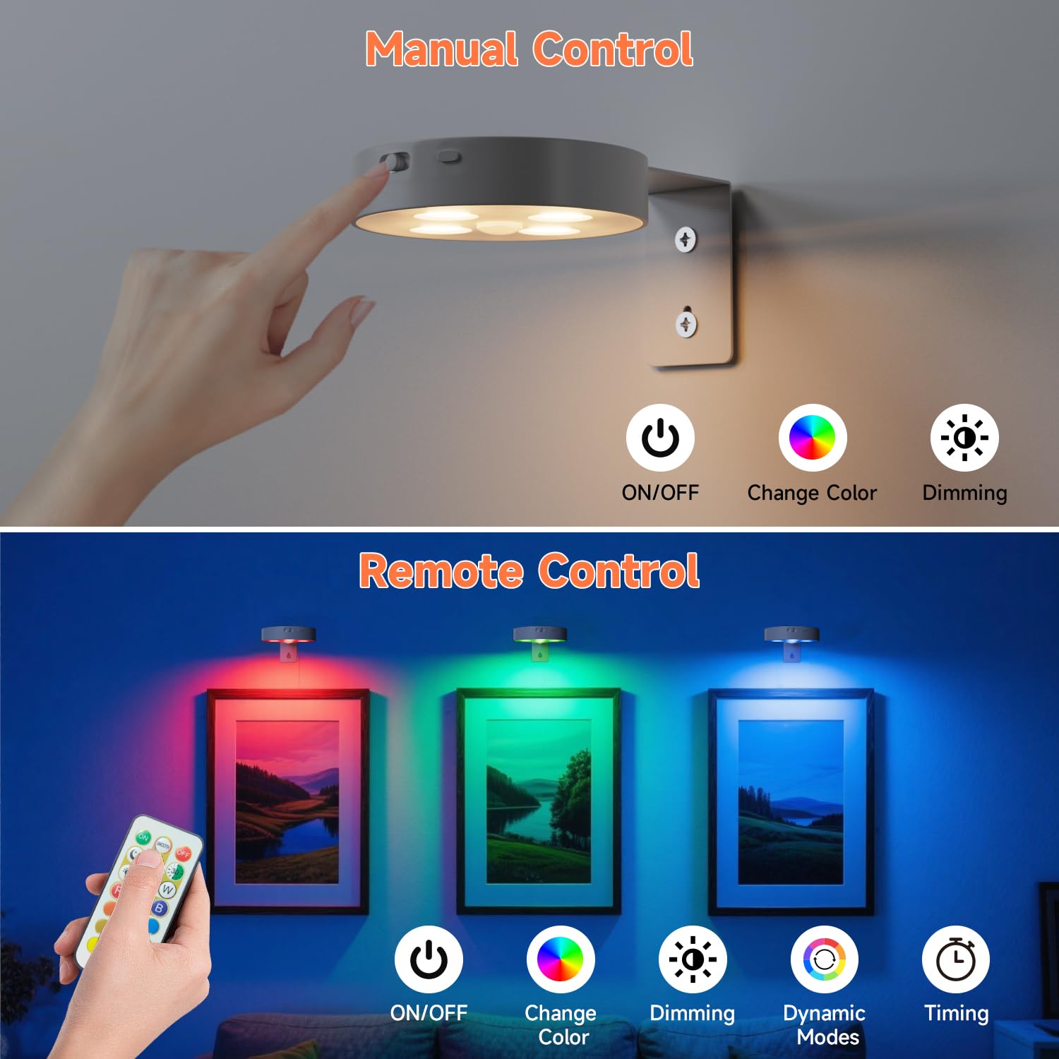 Lampe Tableau Sans Fil Rechargeable, Lot de 3 Appliques LED avec Télécommande, Éclairage Tableau 12 Couleurs, Spot à Piles USB pour Peintures, Cadres, Décorations Murales et Vitrines