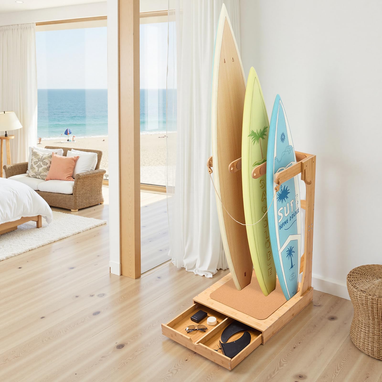 VEVOR Soporte Vertical para Tablas de Surf, Estante de Madera de 3 Niveles con Ganchos y Cajones