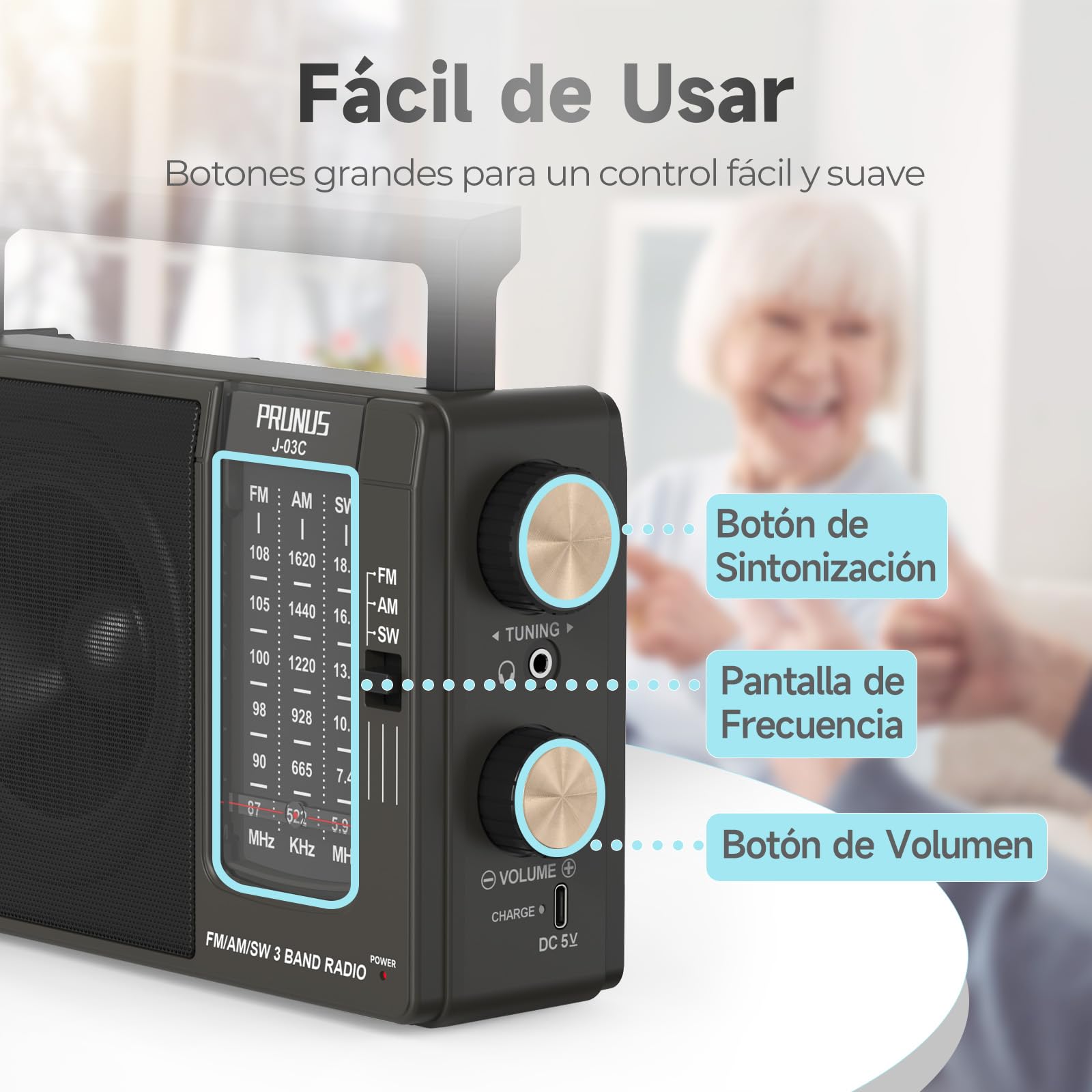 PRUNUS J-03C AM FM SW Radio Portatil Pequeña, Transistores Radios con Excelente Señal, Radio a Pilas o Batería Recargable (USBC), Altavoz Grande, Operación Simple, Fácil de Usar para Personas Mayores.