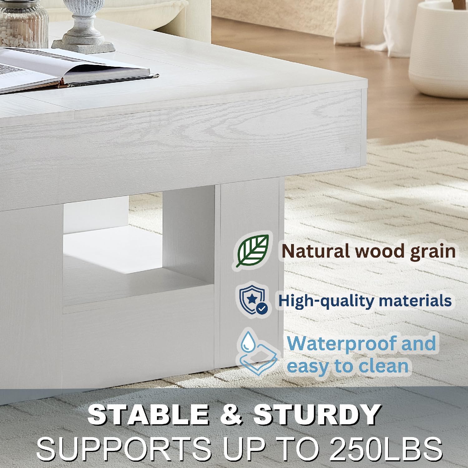 Modern Coffee Table for Living Room, Wood Living Room Table with Sturdy Wooden Legs, Easy Assembly, 31.5" W x 31.5" D-White