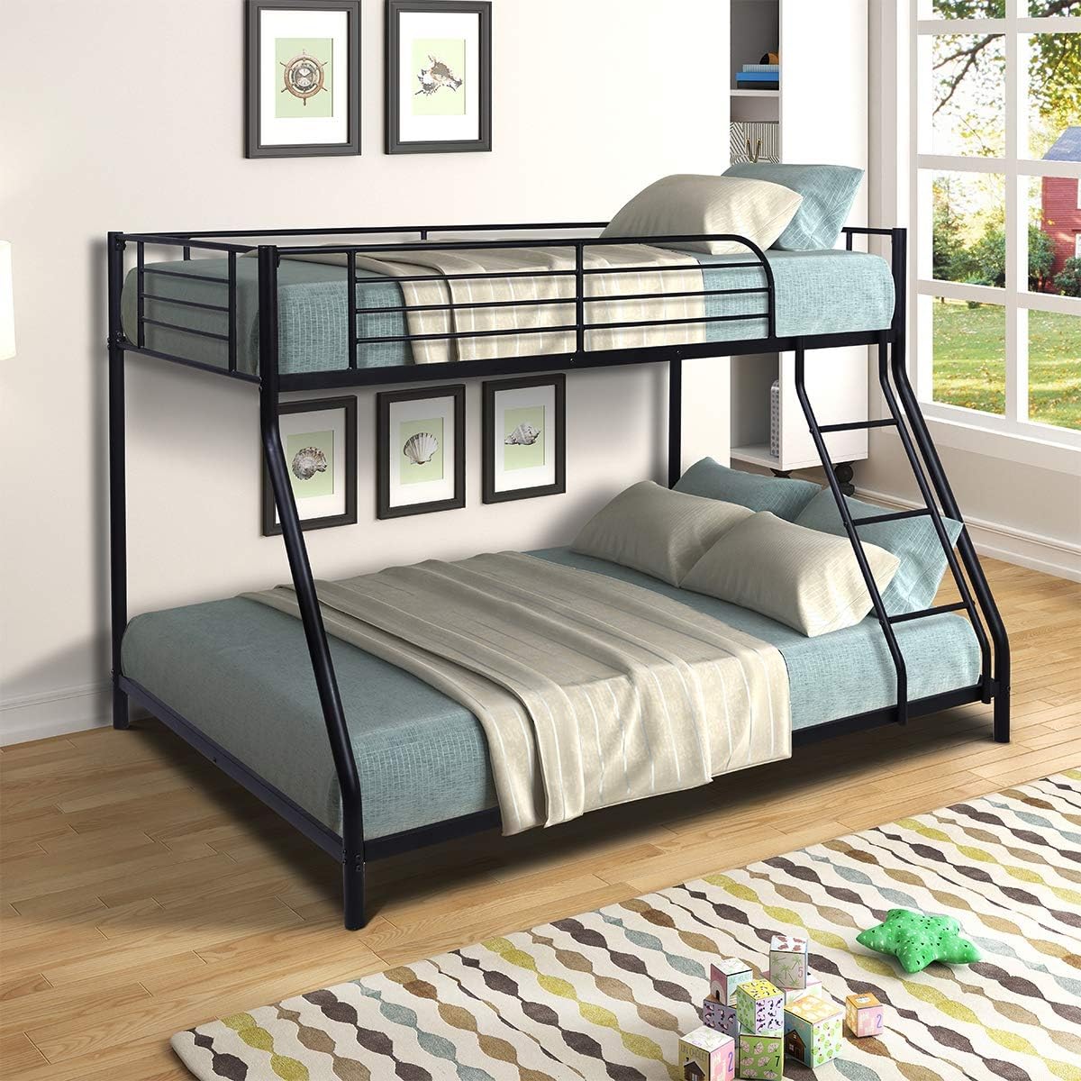 A R Creation Shop Bunk Bed Twin Over Full Sturdy Steel Metal Bed Frame with Flat Ladder and Guardrail for Children/Teens/Adults (Black)-image-34