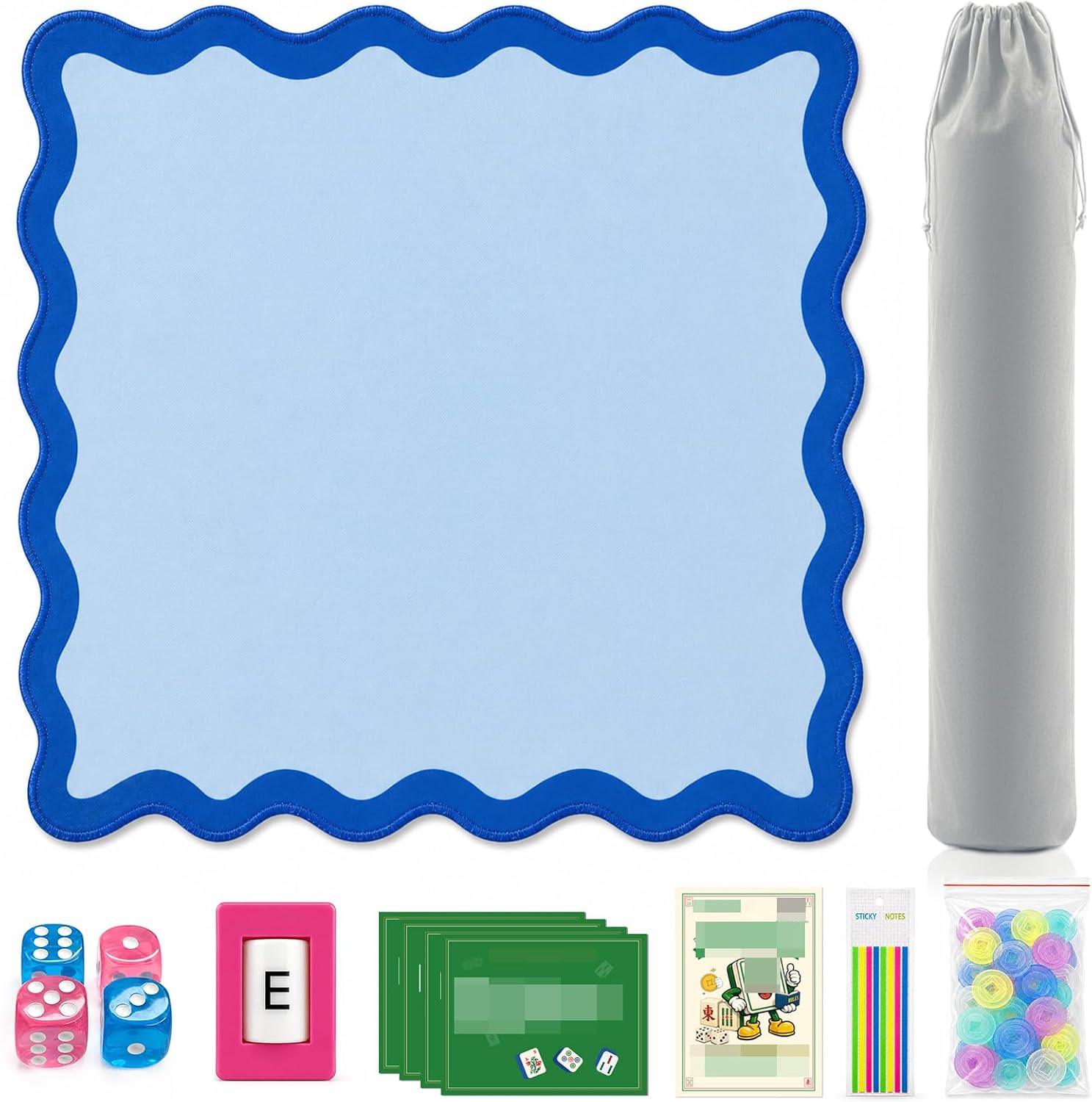Complete Mahjong Mat Set, 32.4"x32.4" Blue Scalloped Edge Table Cover, Non-Slip & Noise Reduction Gaming Mat with Carrying Bag, Rules, Chips, Wind Marker for Poker & Board Games