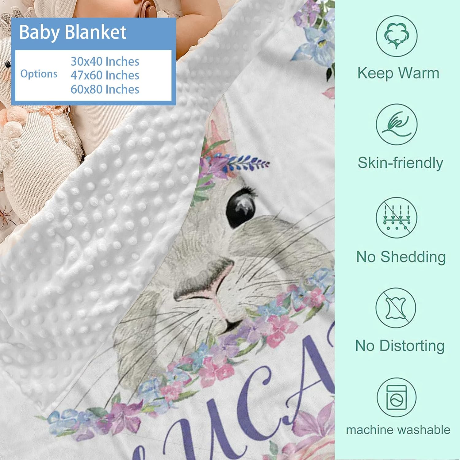 Custom Baby Crib Bedding Set, 4 Pcs Personalized Bunny Design Bedding Set with Name, Soft Blanket Fitted Sheet Pad Cover Rug for Girls Boys New Parents Baby Shower Toddlers Gifts Nursery Decor