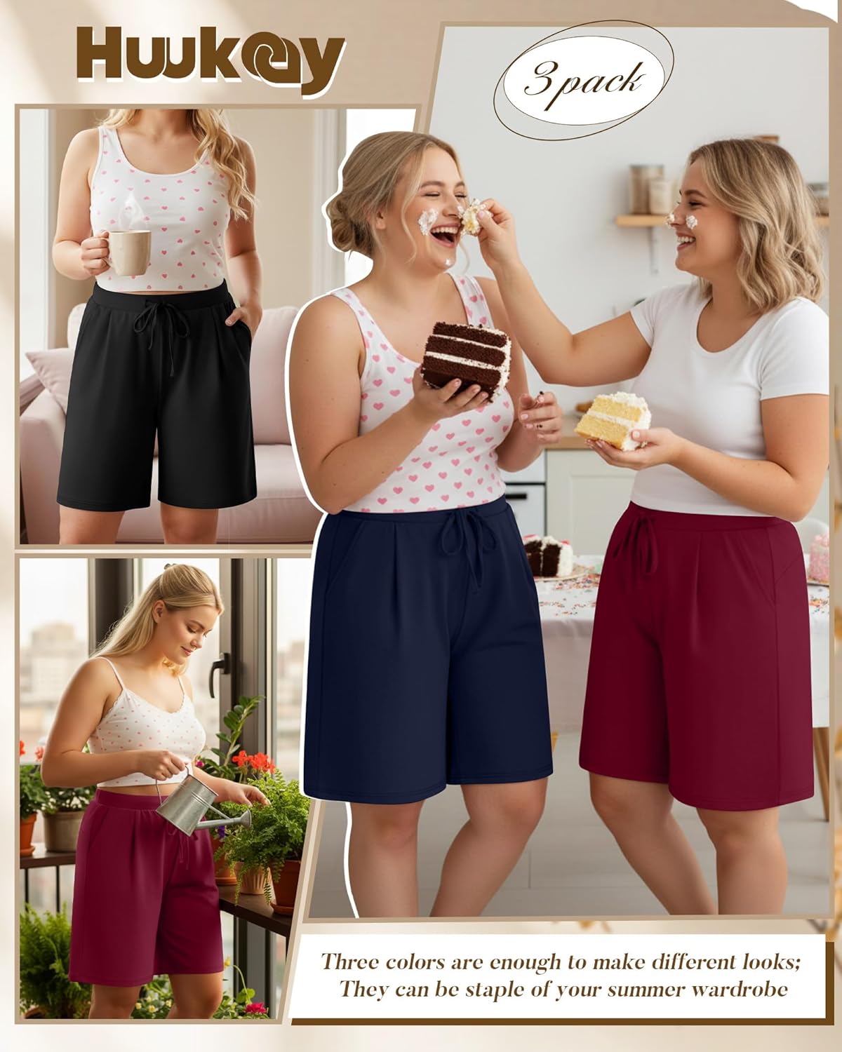 Huukeay 3 Pack Women's Plus Size Bermuda Shorts Casual Knit Drawstring Knee Length Walking Shorts with Pockets - Image 2