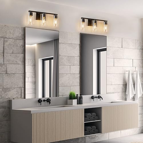 Miniatura 3 de WILON Lámpara de tocador de baño, 3 lámparas negras de luz, luz de tocador moderna con pantalla de vidrio transparente, luces de base E26 sobre