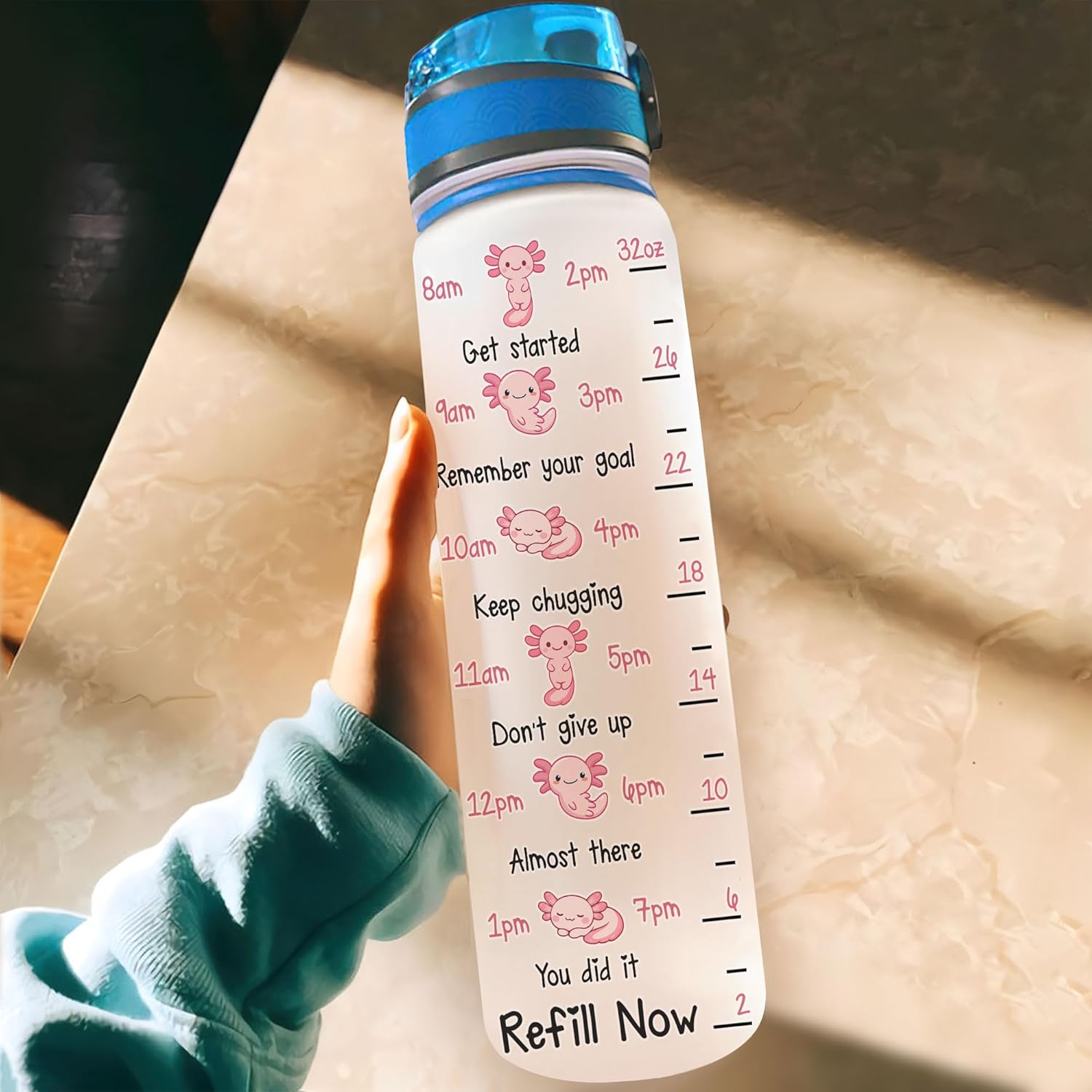 Hyturtle Personalized Axolotl Water Bottle - 32oz Motivational Water Bottle with Leak-Proof Lid & Time Marker - Custom Name Gift for Axolotl Lovers, Women, Girls, Boys - Birthday & Christmas Gift