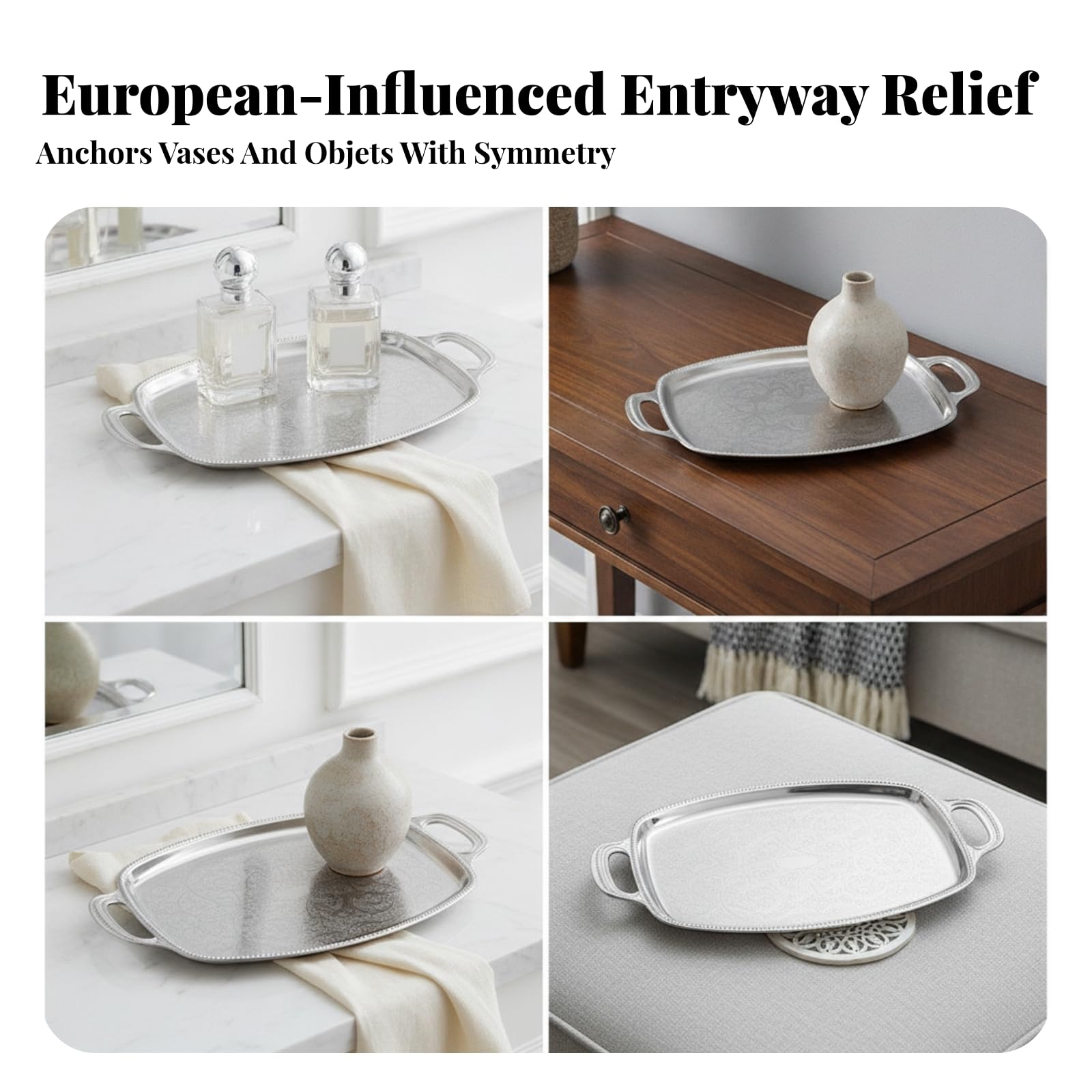 Graviert Tablett mit Griffen | Reflektierende metallische Oberfläche, Serviertablett, rostfrei, Dekotablett, für Kaffeetafel, L