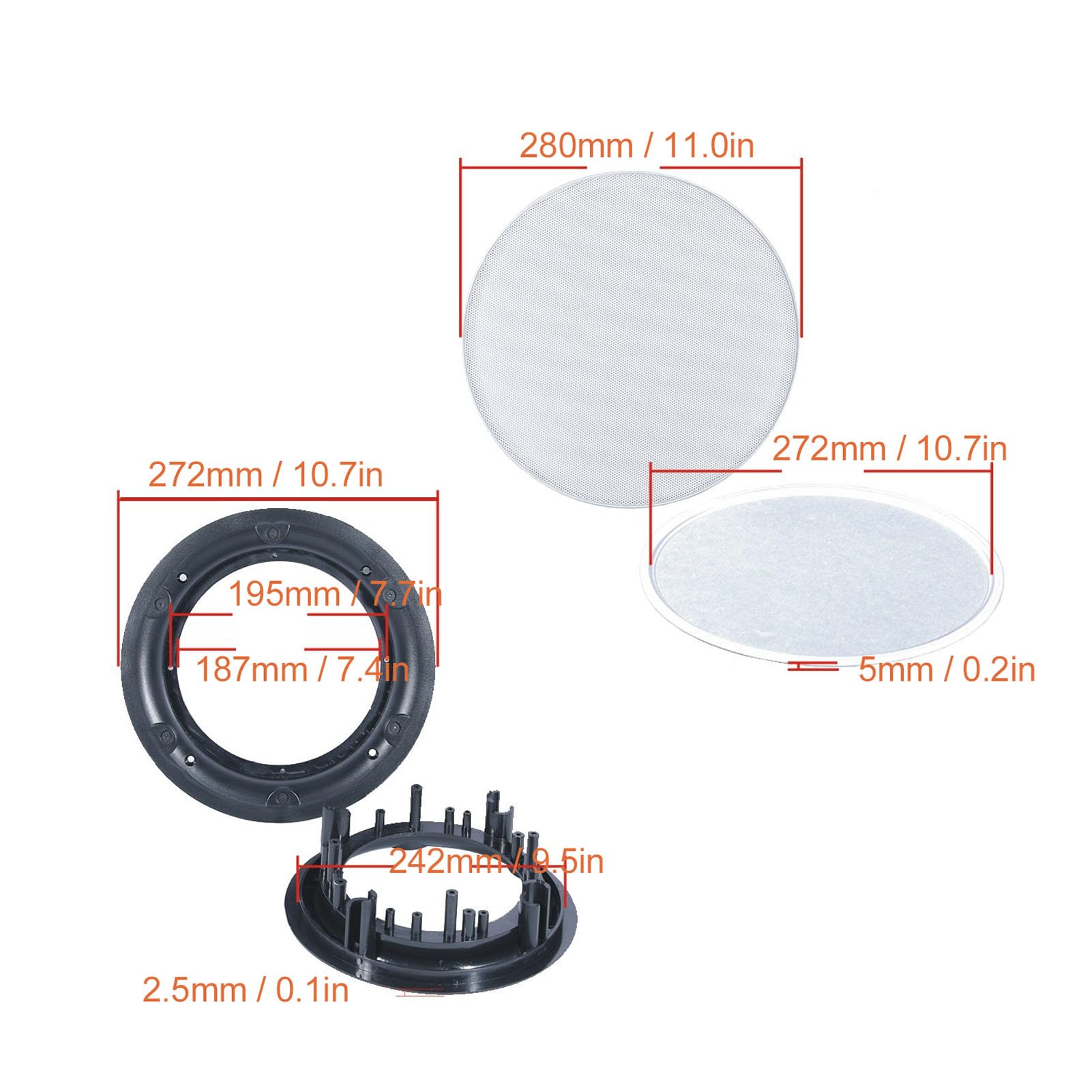 Sxhlseller Lot de 2 Grilles de Haut-Parleur de Plafond Rondes Magnétiques en Métallique avec Base de Montage en ABS, Finition Blanche Pouvant être Peinte, Diamètre Extérieur 280 Mm pour