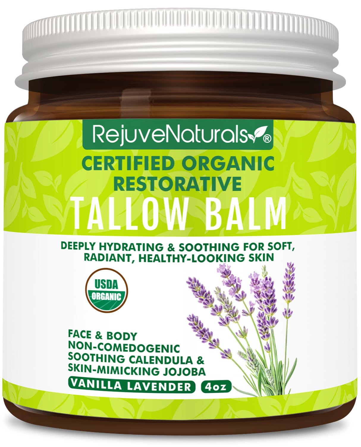 RejuveNaturals USDA Certified Organic Beef Tallow Balm, Large 4oz Glass Jar – Grass Fed & Finished Tallow with Beeswax & Jojoba Oil – Solid, Non-Comedogenic (Vanilla Lavender)
