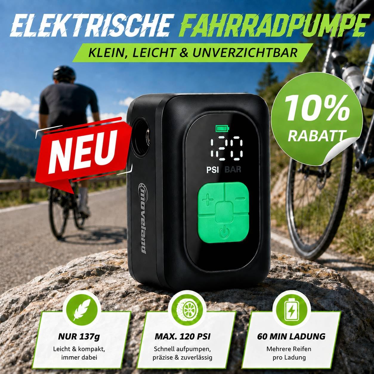 moveland Ebike Akku Tasche Feuerfest+ Mini Fahrradpumpe Elektrisch | Auto-Stopp Elektrische Luftpumpe Fahrrad mit Presta/Schrader Ventilen, Digitalem Manometer für E-Bike, MTB, Stadtrad, Rennrad