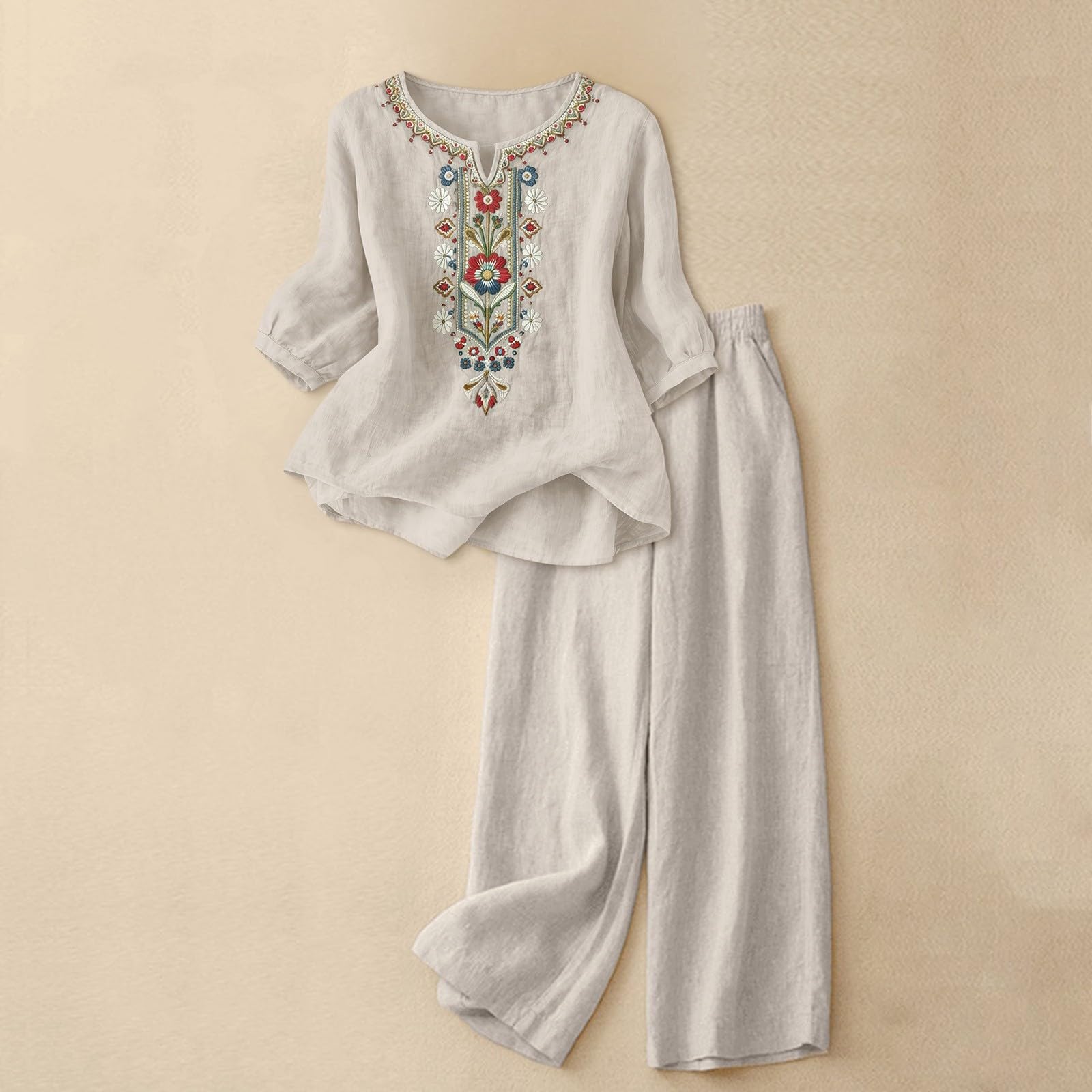 Conjunto Chandal Deportivo Mujer Verano Moda Algodón y Lino Suelto Pantalon y Blusa 2026 Fresco y Transpirable Vacaciones Ropa para El Hogar Fiesta Oficina Negocios Vestir Playa