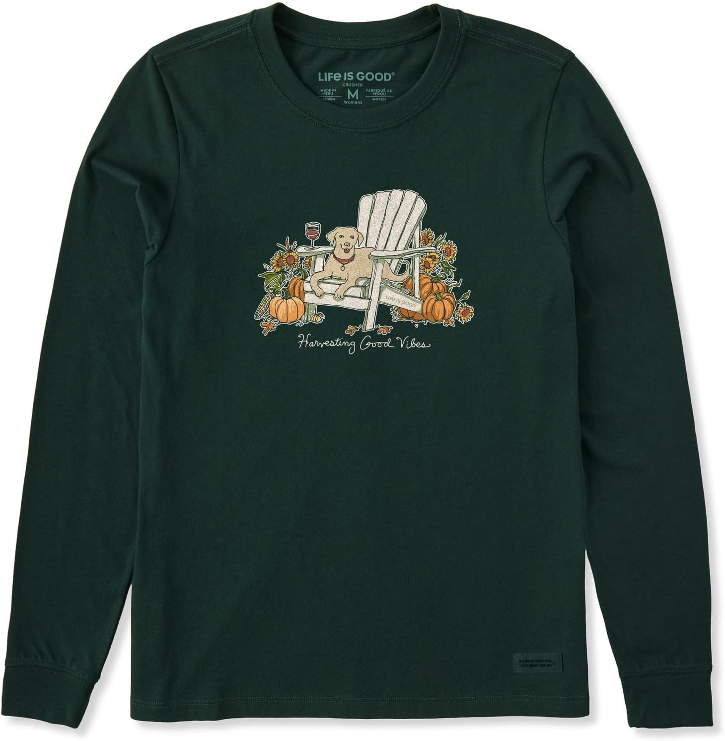 Life is Good. Women's Harvesting Fall Vibes Lab Long Sleeve Crusher Tee, Treeline Green