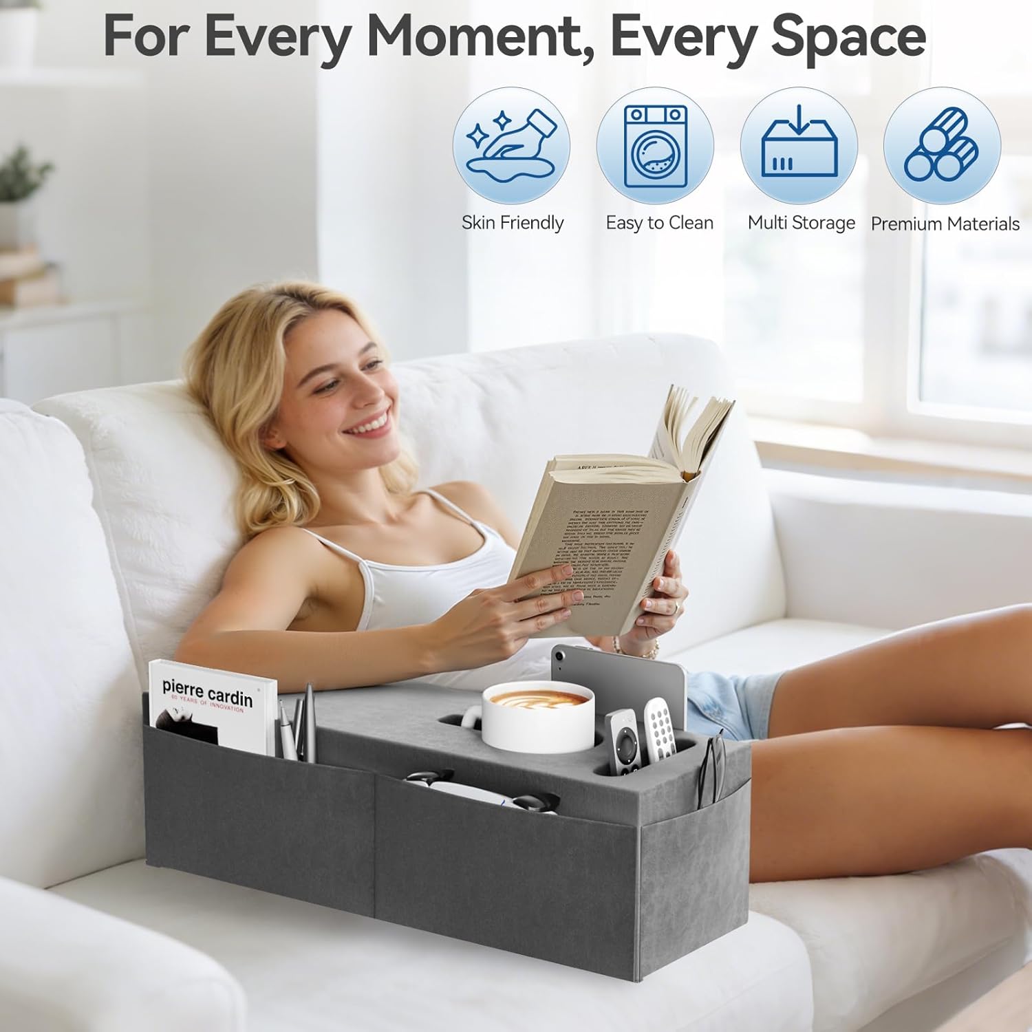 Couch Armrest Caddy with Cup Holder, Portable Sofa Armrest Pillow Drink Holder Table Tray with 5 Large Side Storage Pockets, Portable Sofa Rrmrest for Reading & Bed Rest Pillows Armrest- 1 Pack - Image 6