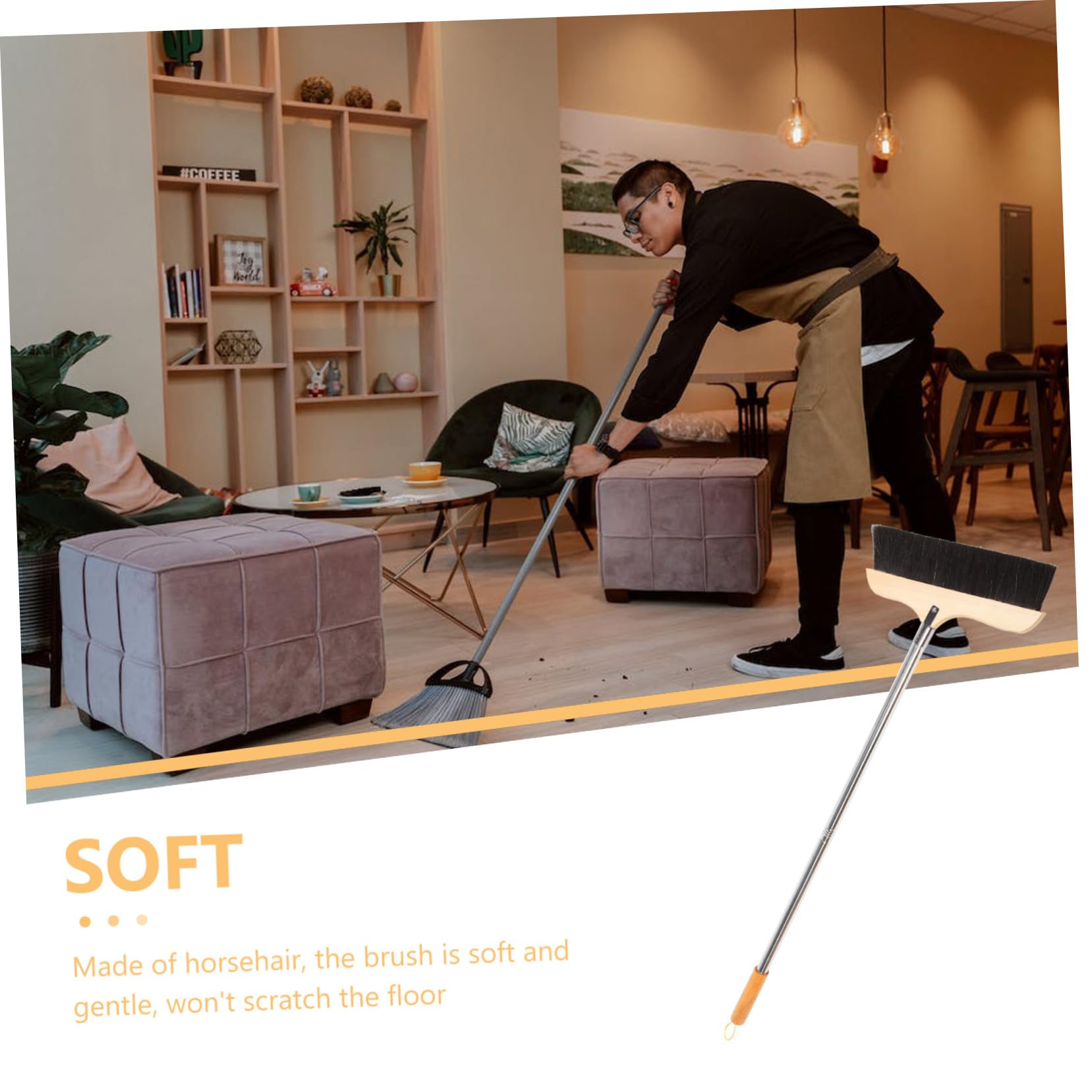 Escoba de Crin de Caballo para Barrer Interior Mango Antideslizante Cepillo Multifuncional para Suelos Alfombras y Baldosas Ergonómico y Fácil de Limpiar