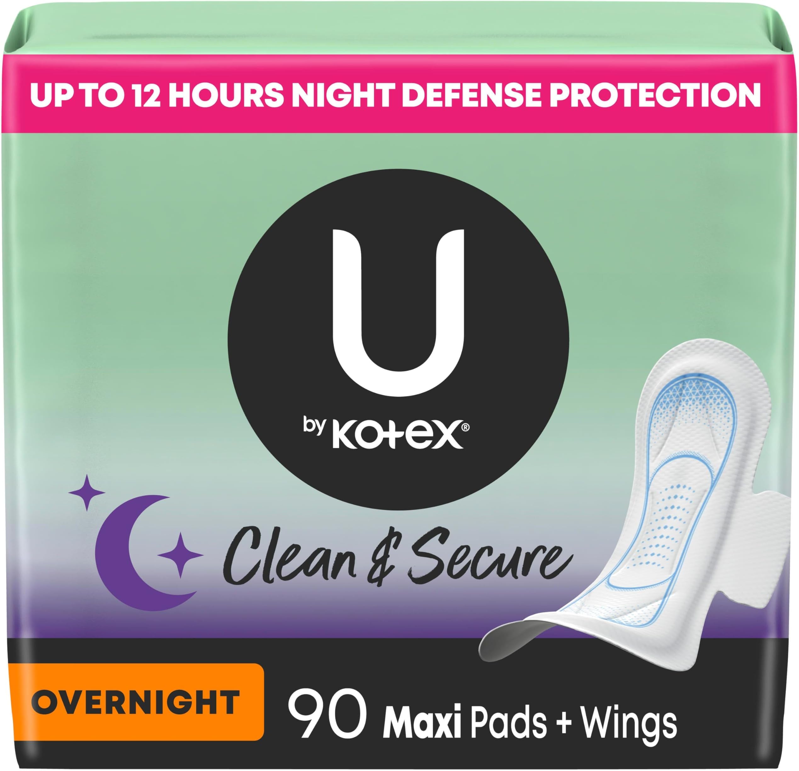 Clean & Secure Overnight Maxi Pads with Wings, 90 Count (3 Packs of 3) (Packaging May Vary)