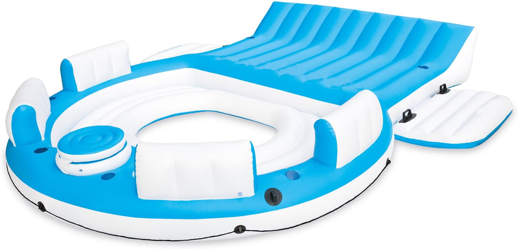 Inflatable Island. This Giant Oasis 7 Person Blow Up Lounger Float is Great for Adults to Swim & Relax On Water, River, Lake, Swimming Pool & Water Park. Heavy-Duty. Cup Holders & Built-in Cooler.
