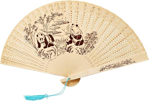 Abanicos plegables de madera, ventiladores de mano de madera clásica, abanicos de mano de madera con patrón de panda con borla para cosplay, baile,