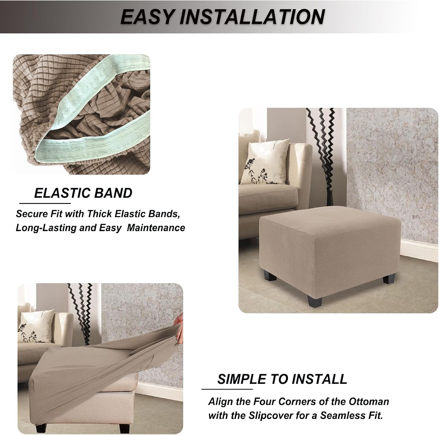 NeColorLife Stretch Ottoman Cover Square Oversized Soft Knitted Jacquard Thick Covers for Large Square Ottoman Storage Stool Furniture Protector Khaki X-Large