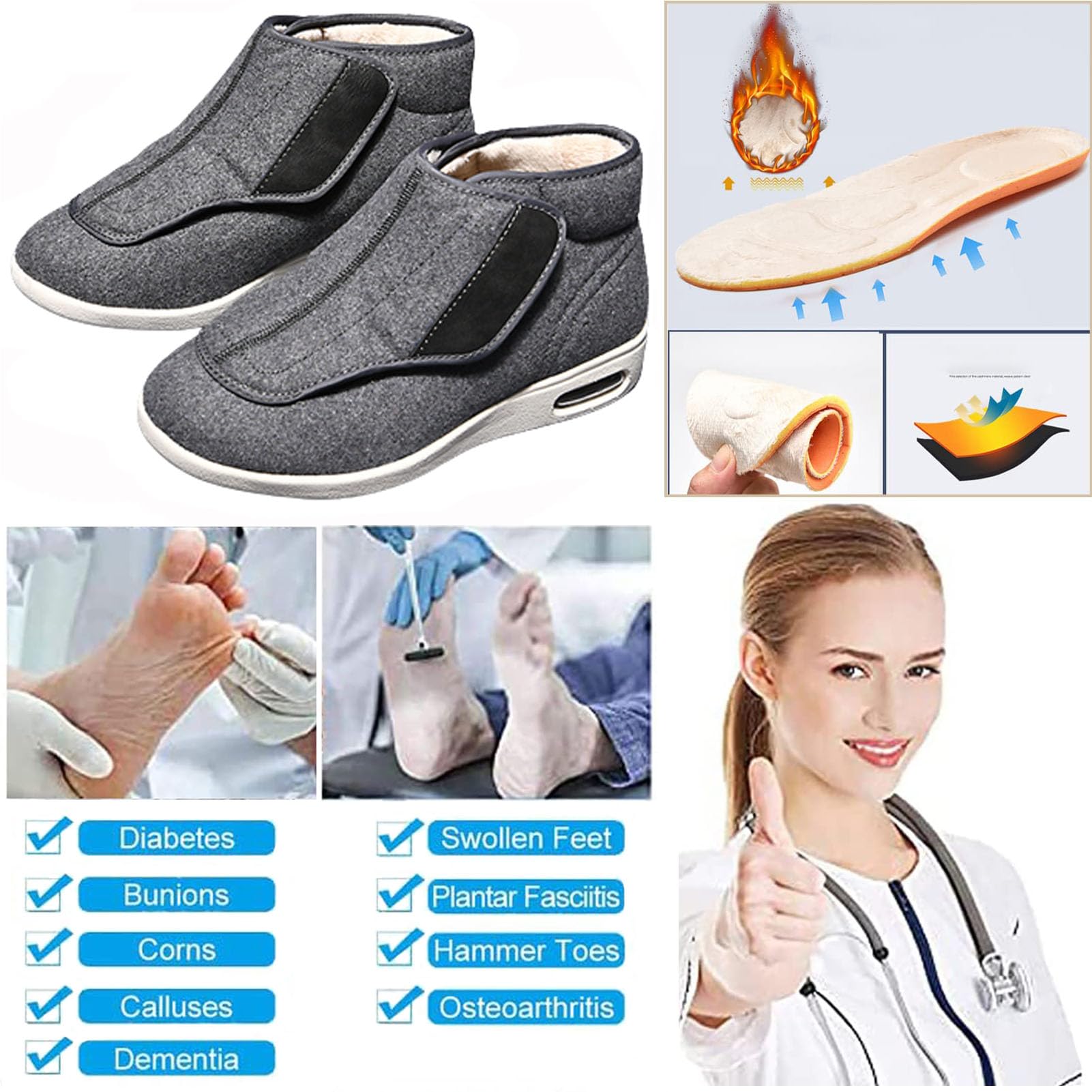 Warm Diabetiker Winterschuhe Herren Damen Extra Weit Senioren Hausschuhe mit Klettverschluss Senioren Orthopädische Schuhe Boots für Geschwollene Füße Breite Füße