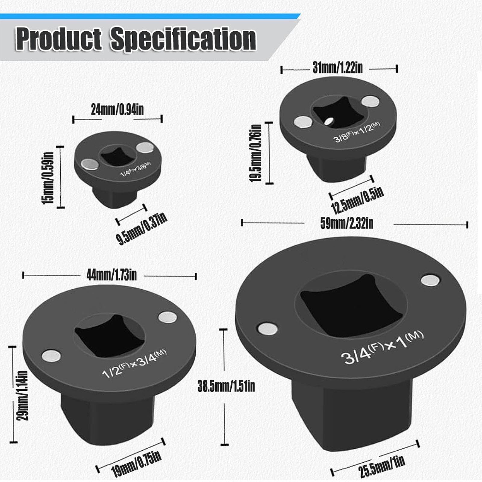 4 Pièces Adaptateur Douille Faible Profil Set Adaptateur Cliquet Réducteur Acier Carbone Résistant Convient pour Réparation Automobile Atelier Bricole