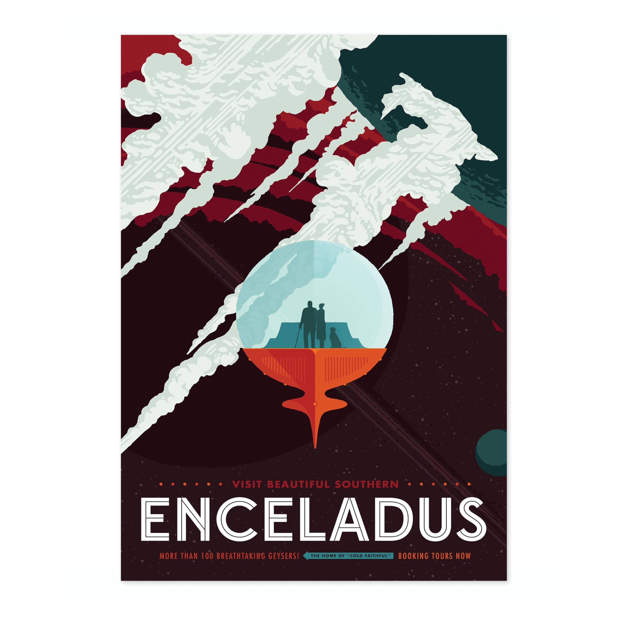 Enceladus Retro Nasa Space Grand Tour Travel Exploration Art Poster, Planet Travel Prints, Vintage Astronomy Home Decor, Astronaut Space Print, Archival Matte, A2 (Print Only) - 59.4x42cm