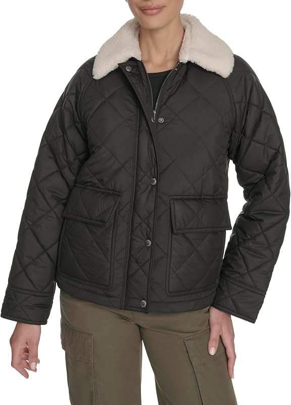 campera acolchada de rombos para mujer con cuello de sherpa