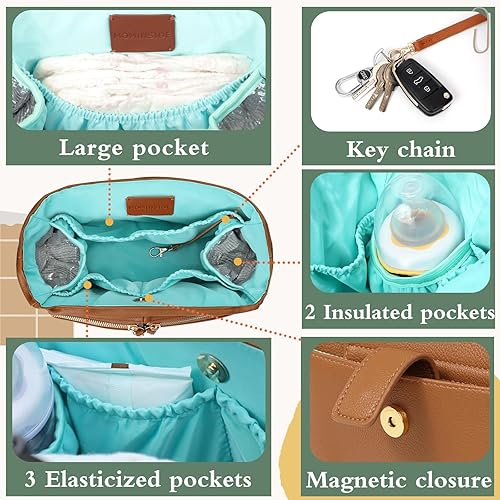 Miniatura 8 de MOMINSIDE Mochila bohemia para pañales, organizador de cochecito, mochila de cuero para bebé, bolsa de pañales con 14 bolsillos, 6 bolsillos para