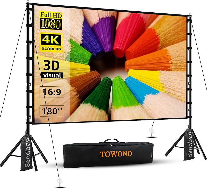 Projector Screen and Stand, 180 inch Outdoor Projector Screen 15 FT Large Projection Screen, Portable 16:9 4K HD Rear Front Movie Screen with Carry Bag Wrinkle-Free Design for Backyard Theater