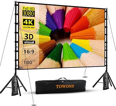 TOWOND Projector Screen and Stand, 180 inch Outdoor Projector Screen 15 FT Large Projection Screen, Portable 169 4K HD Rear Front Movie Screen with Carry Bag Wrinkle-Free Design for Backyard Theater