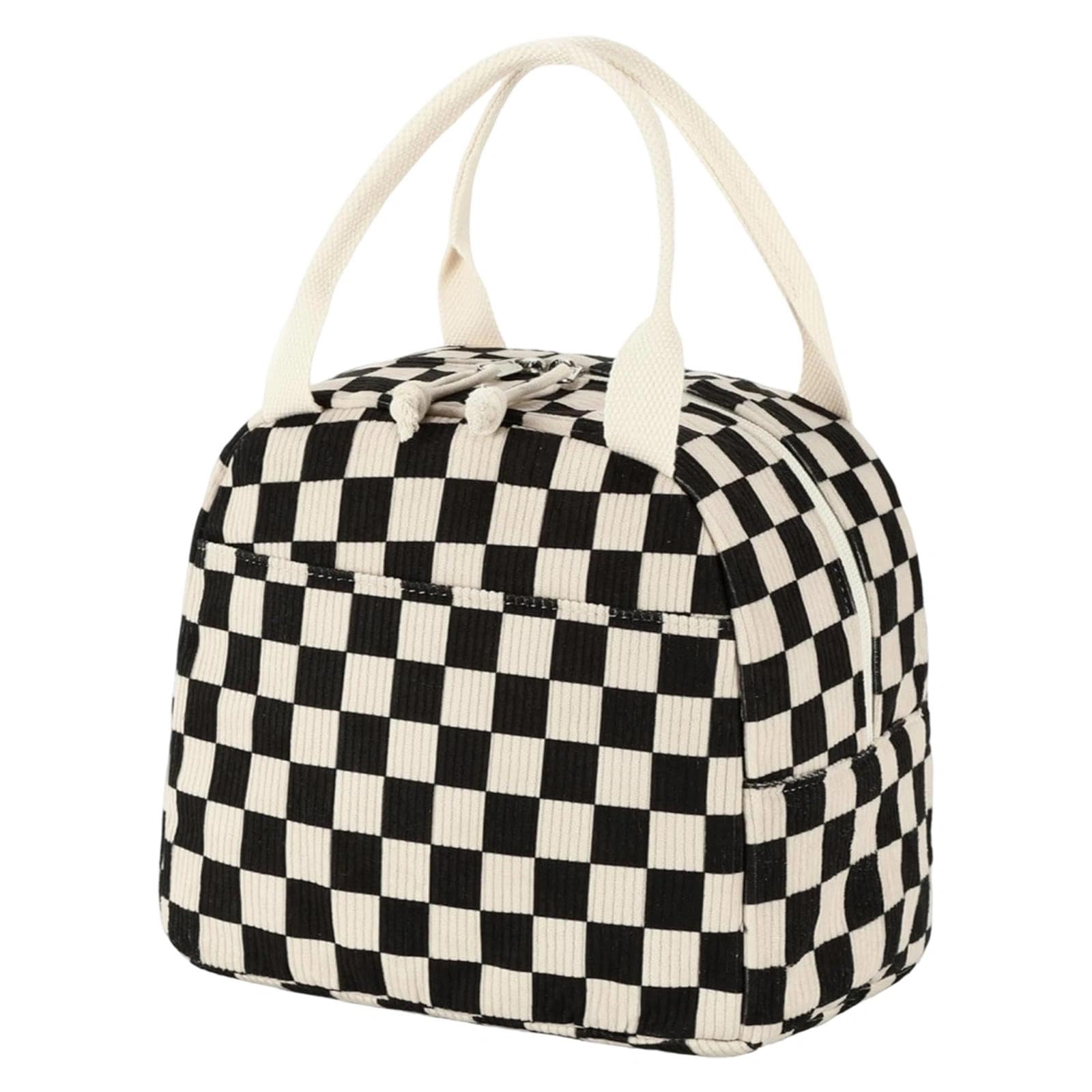 ZXTGBQ Lunch Bag for Women, Corduroy Lunch Organizer Cute Thermal Freezer Bag Cooler Bags for Girls Adults, Perfect for School Days or Picnic (Black and White Check)
