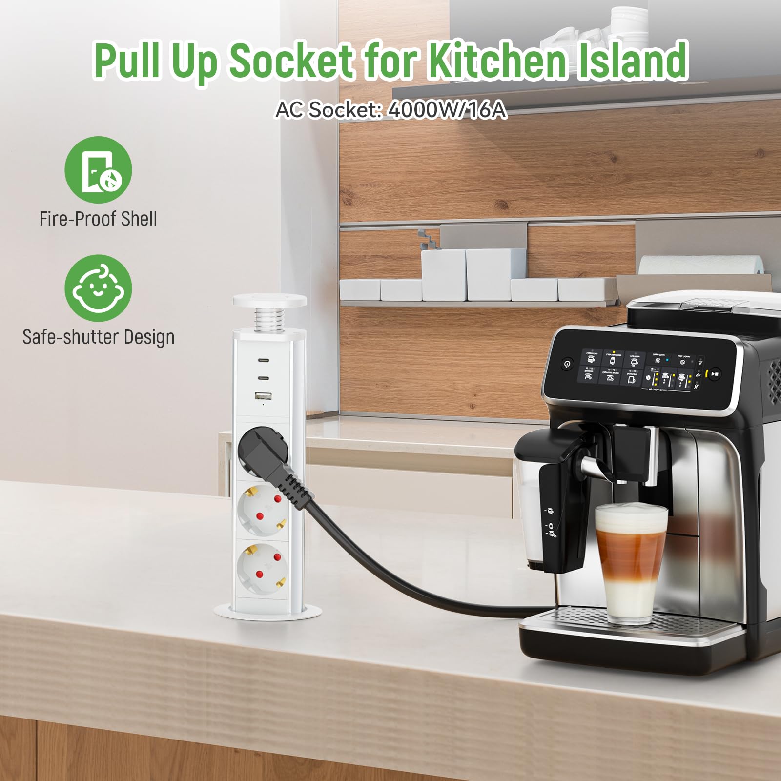 Enchufe retráctil C PD 20 W USB empotrable de 3 enchufes y 1 Puerto USB, para encimera, Cocina, Oficina, regleta con Cable de 1,8 m, Color Blanco