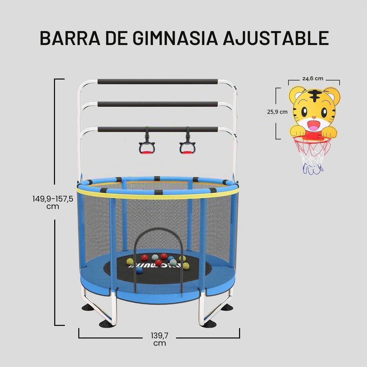 Trampolín infantil con barra de gimnasia – 140 cm Trampolín para niños pequeños, hasta 200 kg, con kit de juego y red de seguridad para interior y jardín