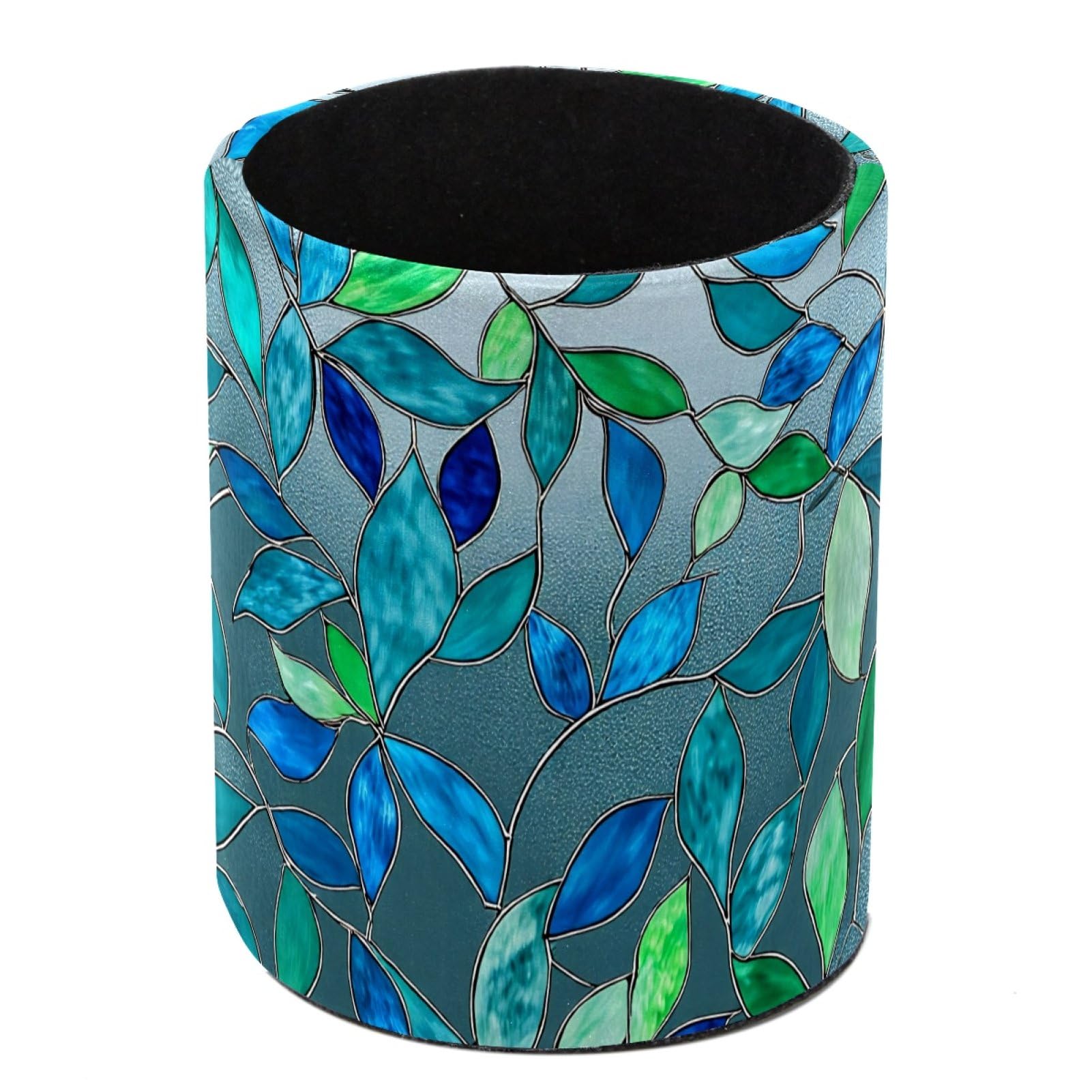 Luoweisi Stained Glass Turquoise and Blue Leaves Pen Holder for Desk, Leather Pen Pot, Desk Pencil Holder Round Makeup Organiser Home Office School Suppliers