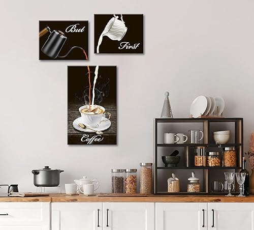 Miniatura 3 de Arte de pared para cocina, decoración de café, impresiones en lienzo con texto en inglés "But First Coffee Bar, cafetería", cuadros para beber, 3