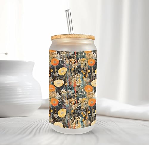 Miniatura 7 de Fall Nature Pattern Frosted Glass Can with Bamboo Lid & Straw 16 Oz Autumn Floral Glass Cup, Sublimated Gift Mugzan