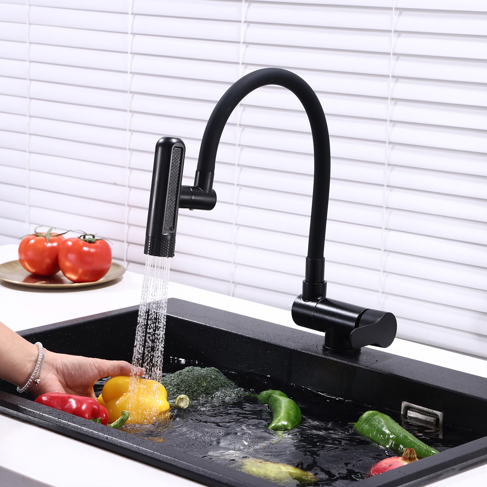 XJTNLB Grifo Cocina Bajo Ventana Negro Grifo Cocina Flexible Cascada