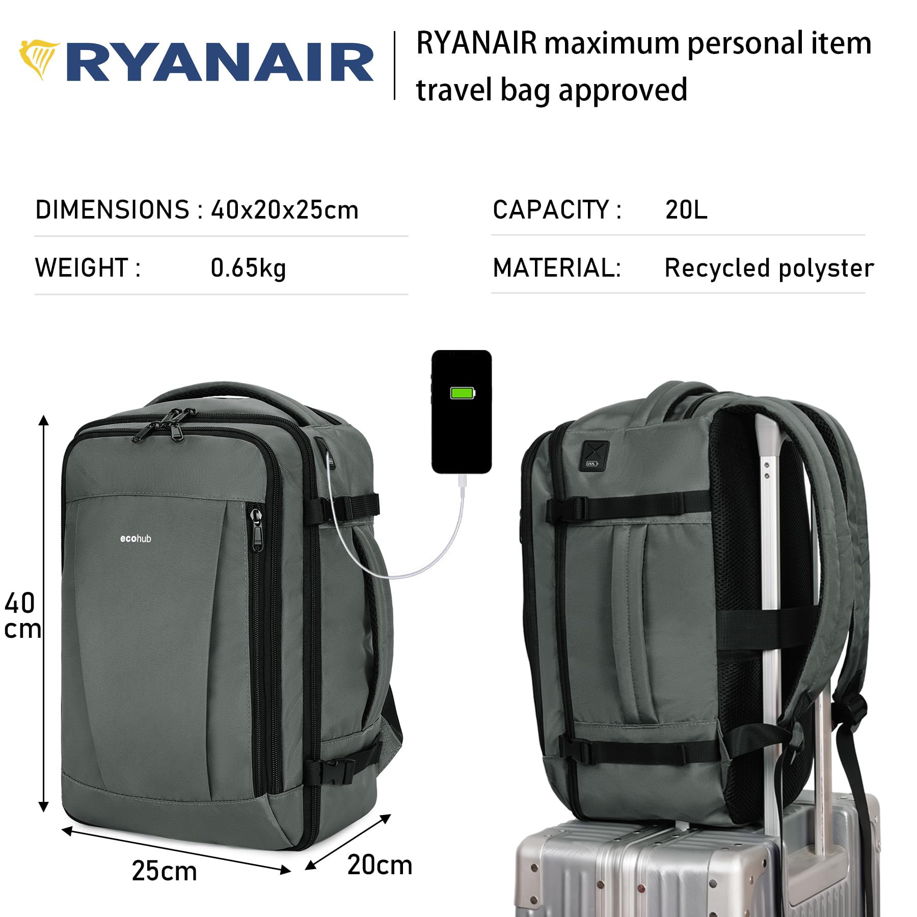 ECOHUB Zaino da Viaggio Ryanair 40x20x25, 13 Tasche, Bagaglio a Mano, Valigia Sotto il Sedile, con Maniglia, Borsa Aereo, Ecologica in PET Riciclato, da 20 Litri, Brevettato(Grigio chiaro)