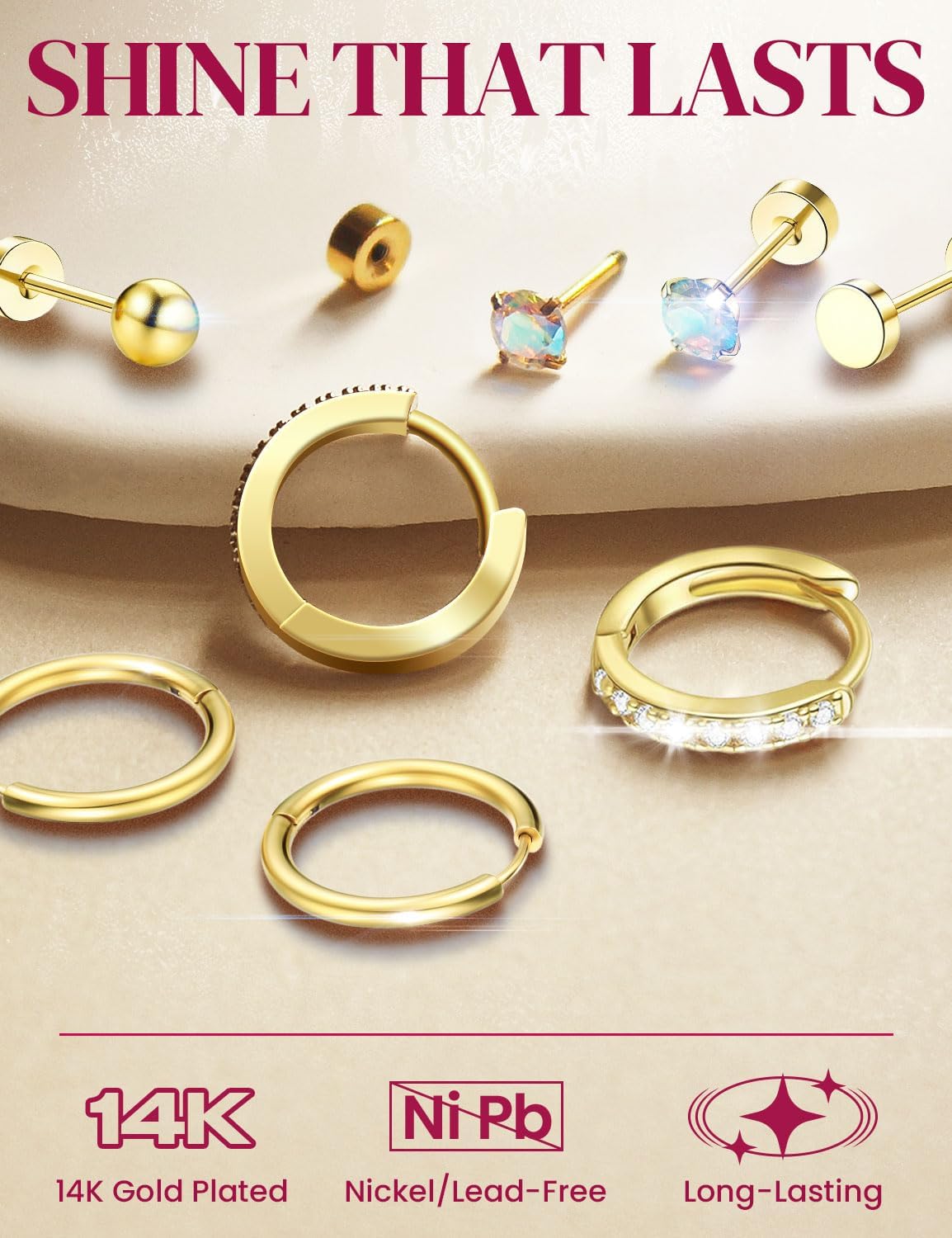 10 & 14 Pairs Hypoallergenic 14K Gold Plated Flat Back Earrings Hoops for Women CZ Stone Pearl Opal Studs Huggie Hoops Earrings Stainless Steel Cartilage Jewelry Gift for Sensitive Ear - Image 7