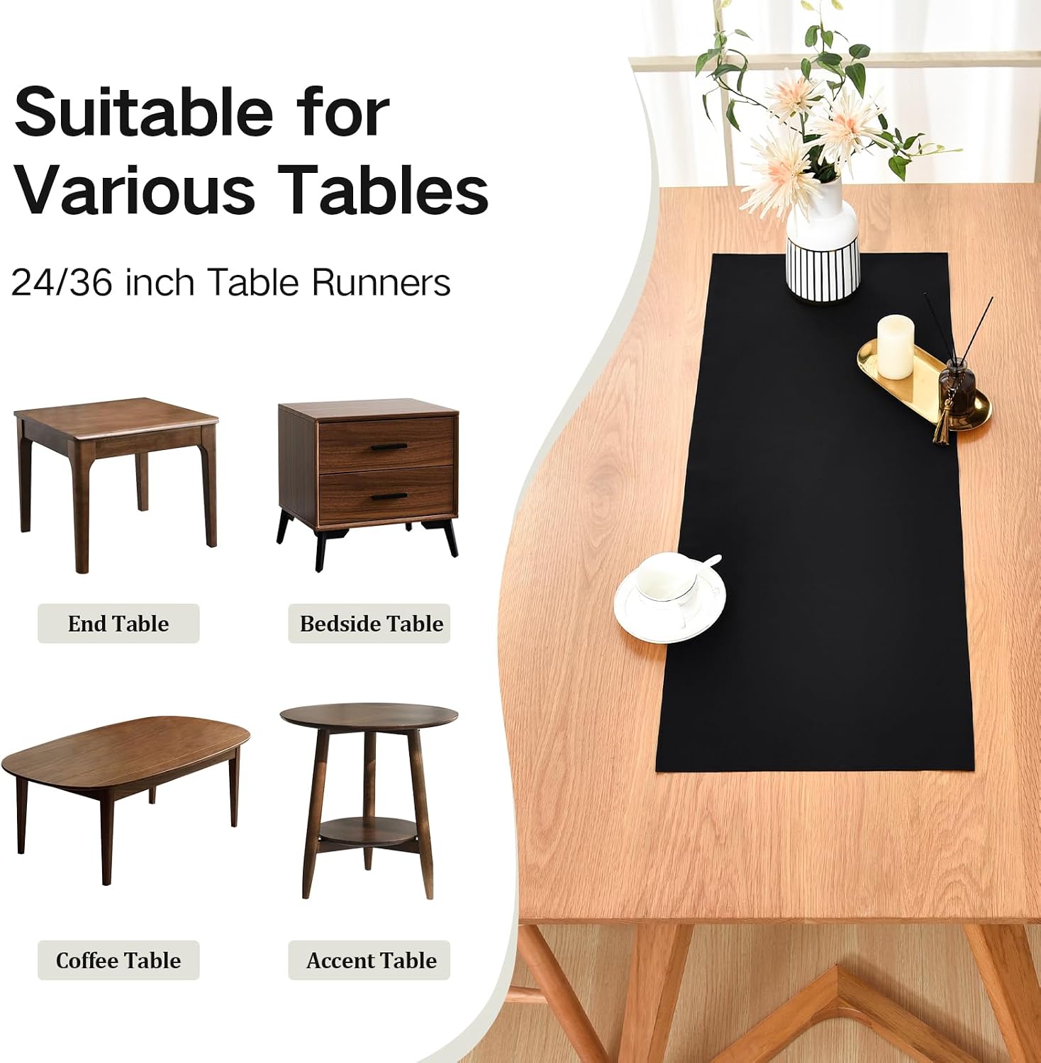 Wolkemer 2 Pieces Dual Waterproof Wipeable Table Runner, Black Farmhouse Runners Lightweight Fabric, Rustic Dresser Scarf for Kitchen Dining Table, Bedroom, Wedding, Party Decor (13x36 inch)