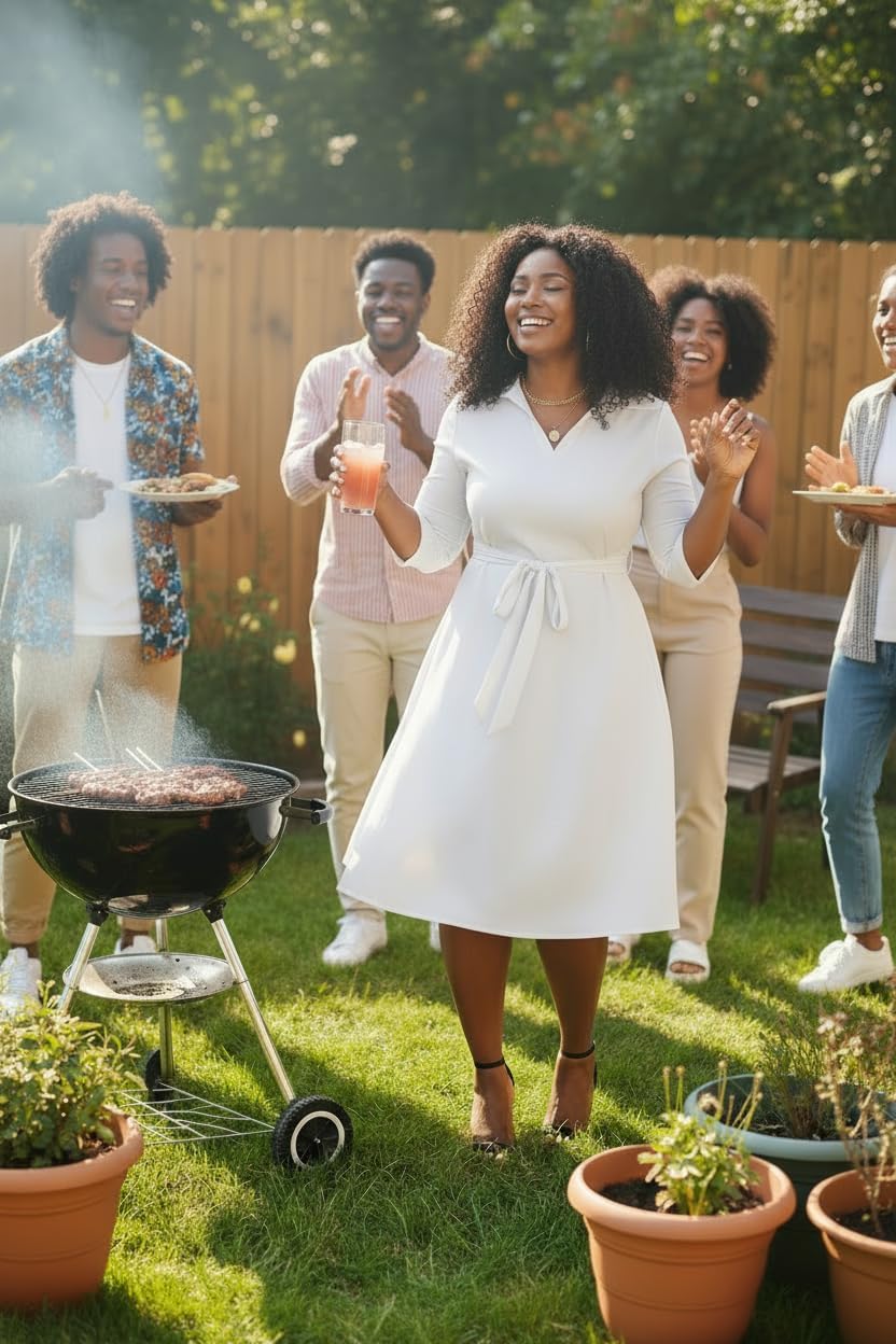 FANDEE Plus Size Midi Dress for Women - Printing Summer Dresses for Wedding Guest Cocktail Party 3/4 Sleeve V Neck（L-5XL） - Image 15