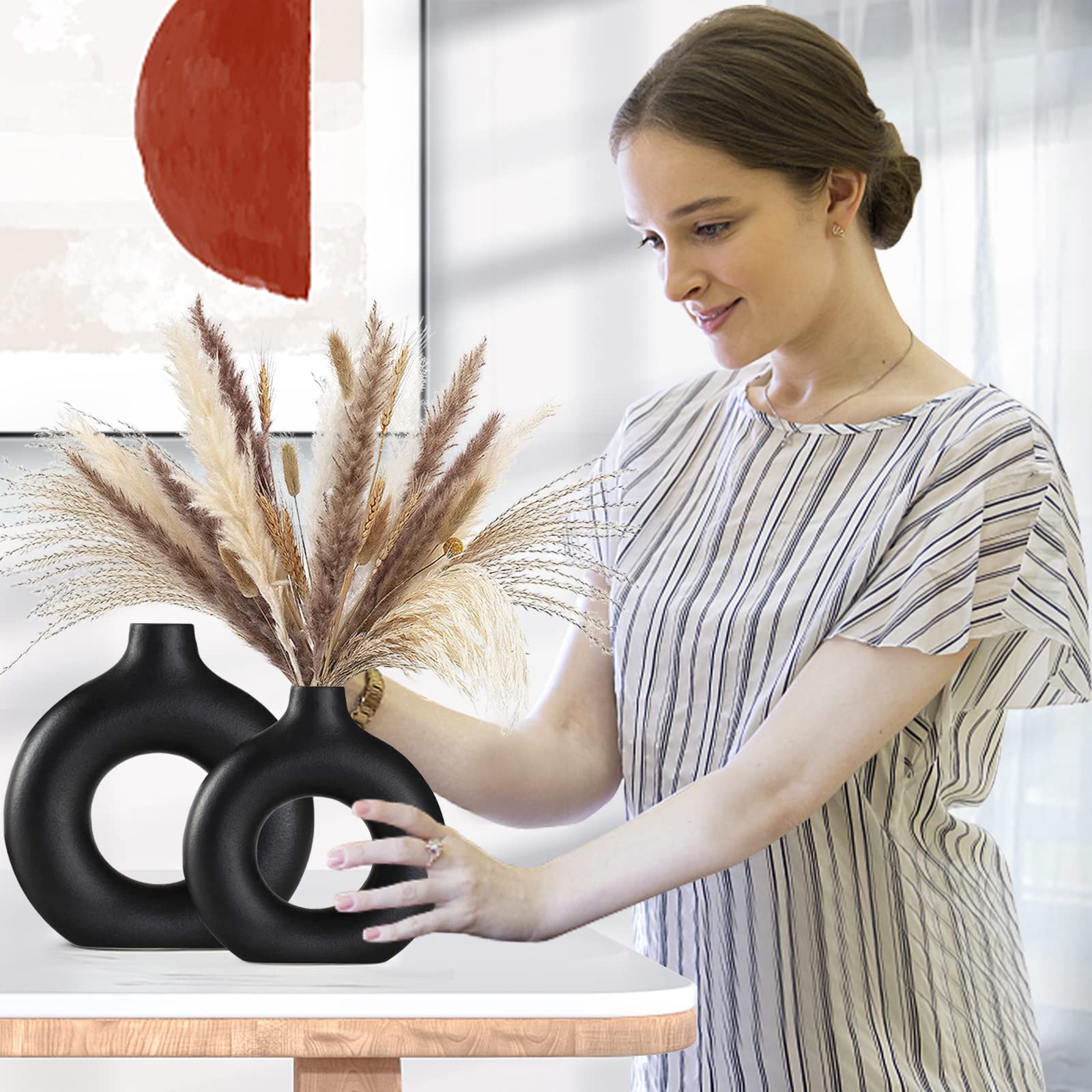 Black Ceramic Vase Set 2 for Modern Boho Decor,Round Matte Pampas Flower Vases Minimalist Nordic Boho Ins Style for Wedding Dinner Table Party Living Room Office Bedroom, Decorative Gift