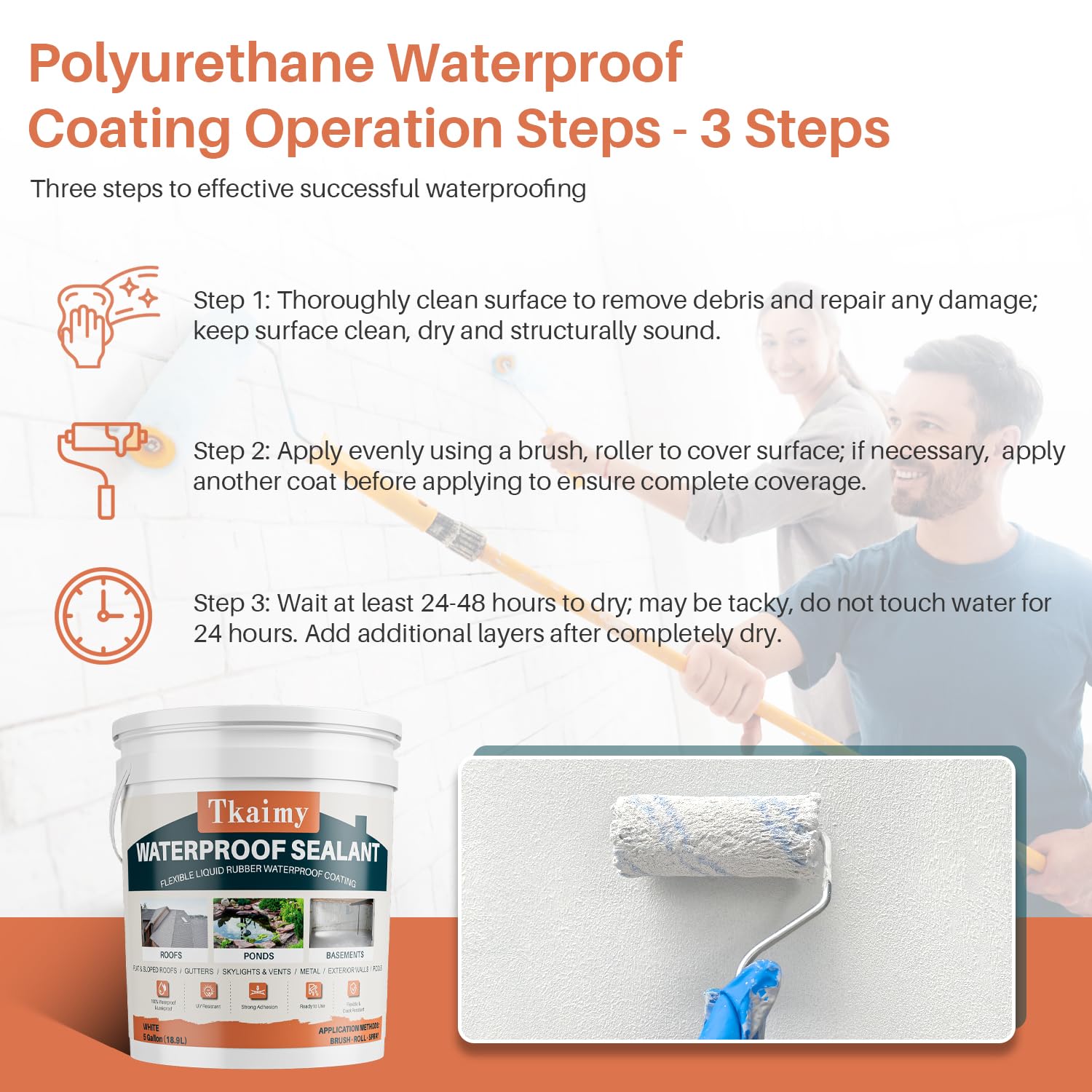 Tkaimy Waterproof Sealant White, 5 Gallon - Large Capacity Polyurethane Waterproof Coating for Huge Area Fix Leaks & Cracks, Roofs,Pools,Warehouses,Garages,Basements, Indoor & Outdoor Sealant Coating